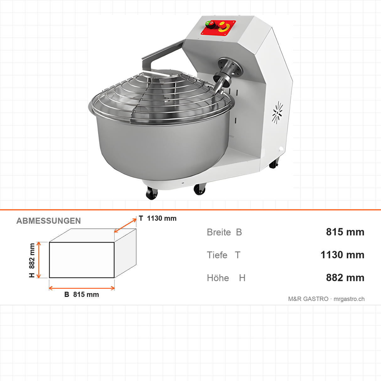 Teigknetmaschine, 75 kg, 50 kg Mehl, 400V, Edelstahl-Schüssel, 815×1130×882 mm – Abmessungen