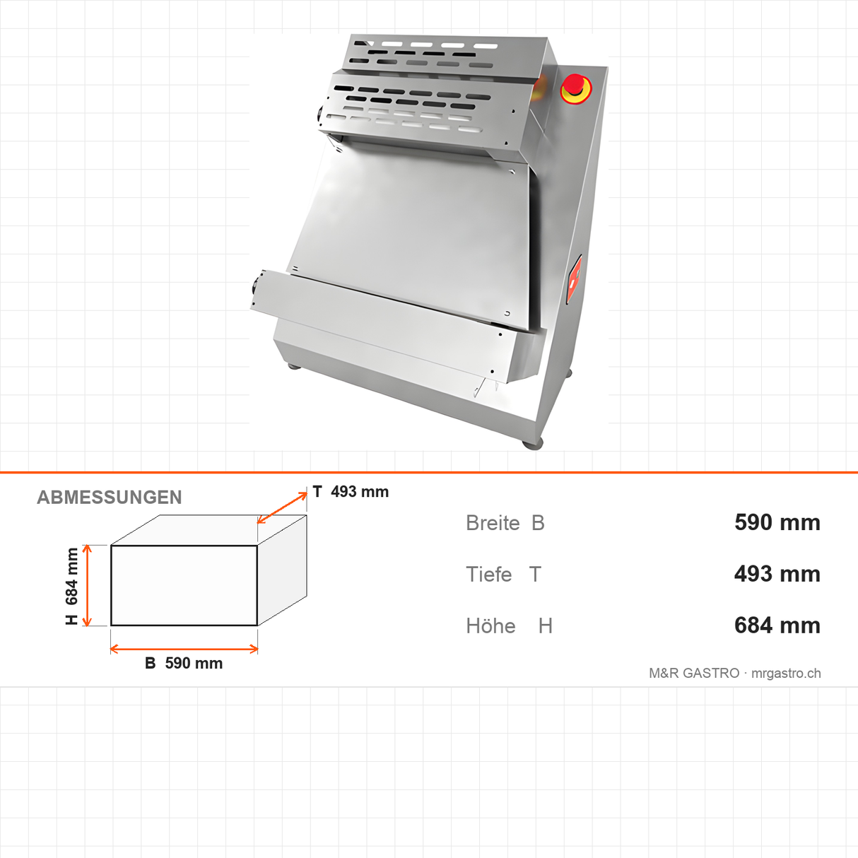 Pizza-Teigausrollmaschine, 46 cm Walze, verstellbarer Durchmesser und Dicke, Plexiglasschutz, 0,25 kW, 590×493×684 mm – Abmessungen
