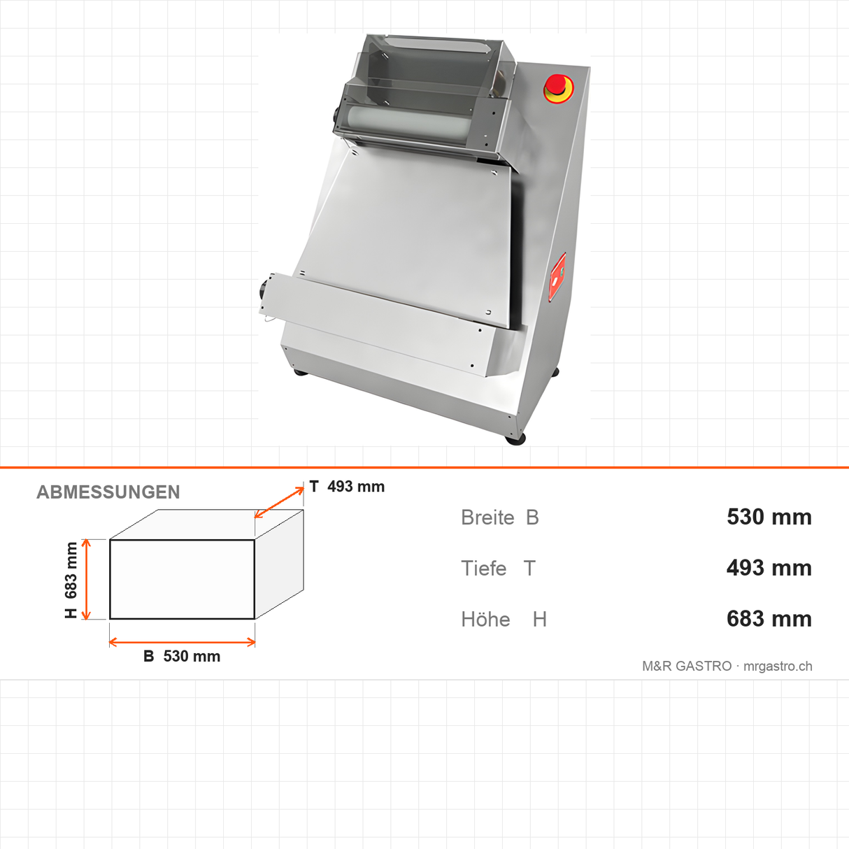 Pizza-Teigausrollmaschine, 40 cm, verstellbarer Durchmesser und Dicke, Plexiglasschutz, 0,25 kW, 530×493×683 mm – Abmessungen