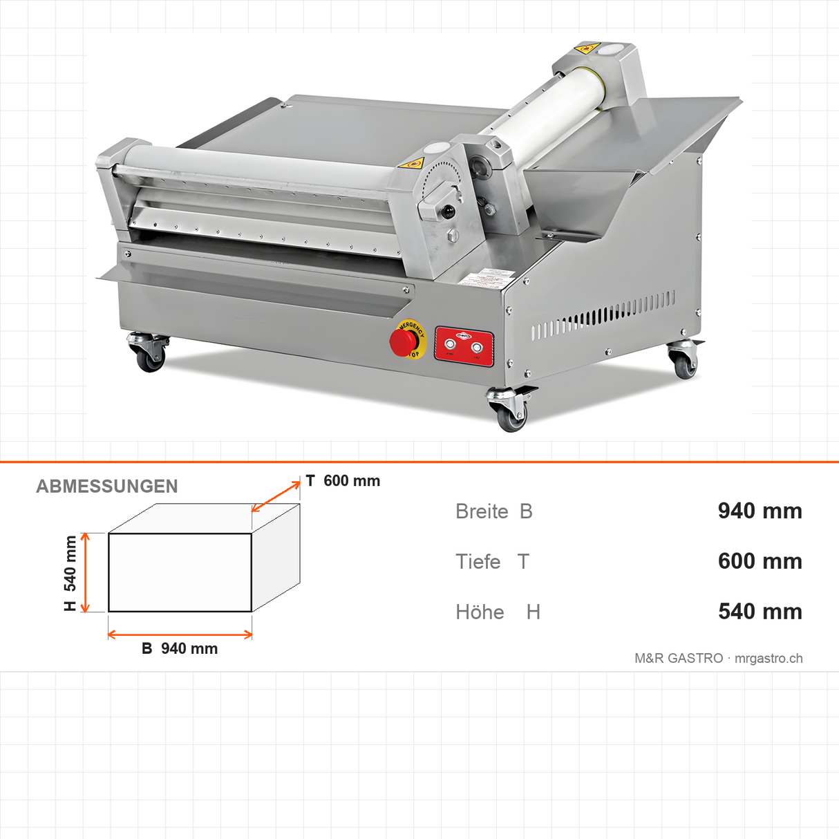 Pizza-Teigausrollmaschine, 55 cm, verstellbarer Durchmesser und Dicke, Edelstahlgehäuse, Not-Aus, 0,75 kW, 940×600×540 mm – Abmessungen