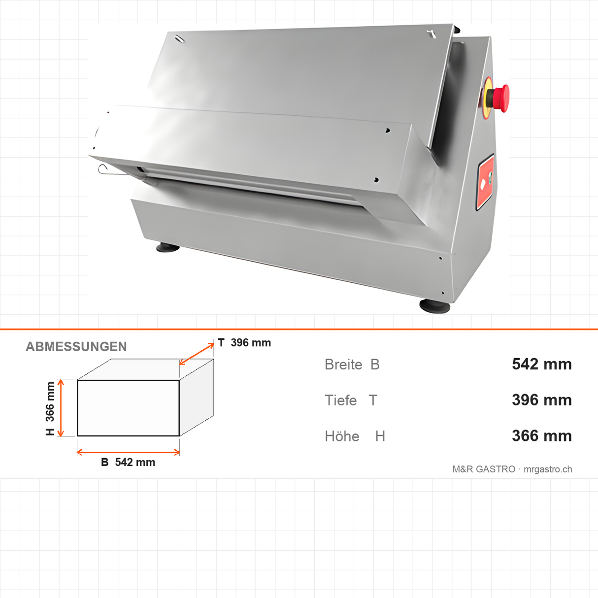 Pizza-Teigausrollmaschine, Einzelwalze, verstellbarer Durchmesser und Dicke, Edelstahlgehäuse, Not-Aus, 0,18 kW, 542×396×366 mm – Abmessungen