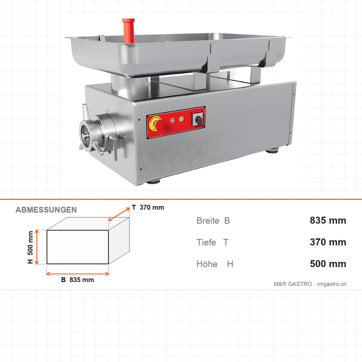 Fleischwolf Edelstahl, 500 kg/h, 2,2 kW, 400V, 835×370×500 mm – Abmessungen
