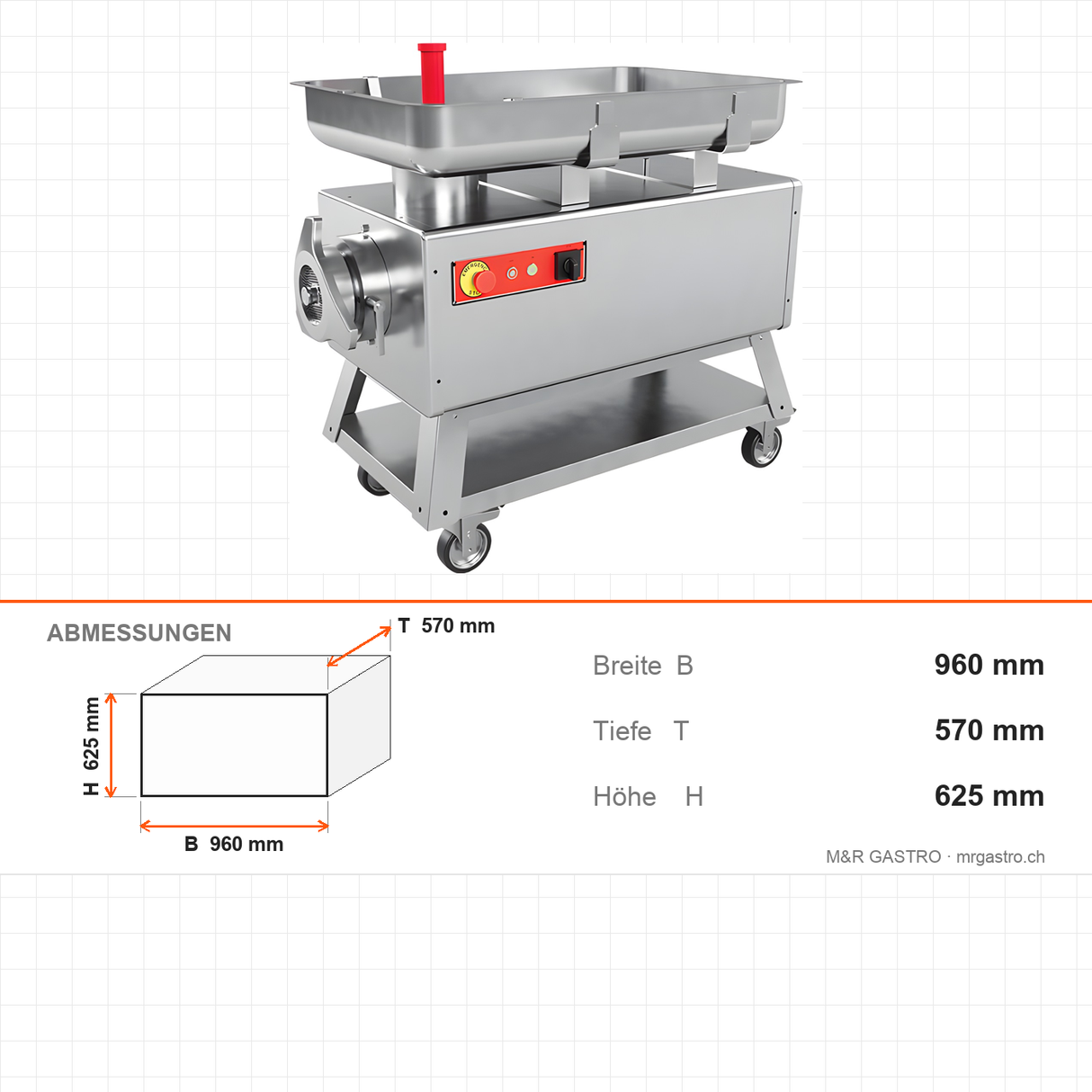 Fleischwolf Edelstahl, 700 kg/h, 4 kW, 400V, 960×570×625 mm – Abmessungen