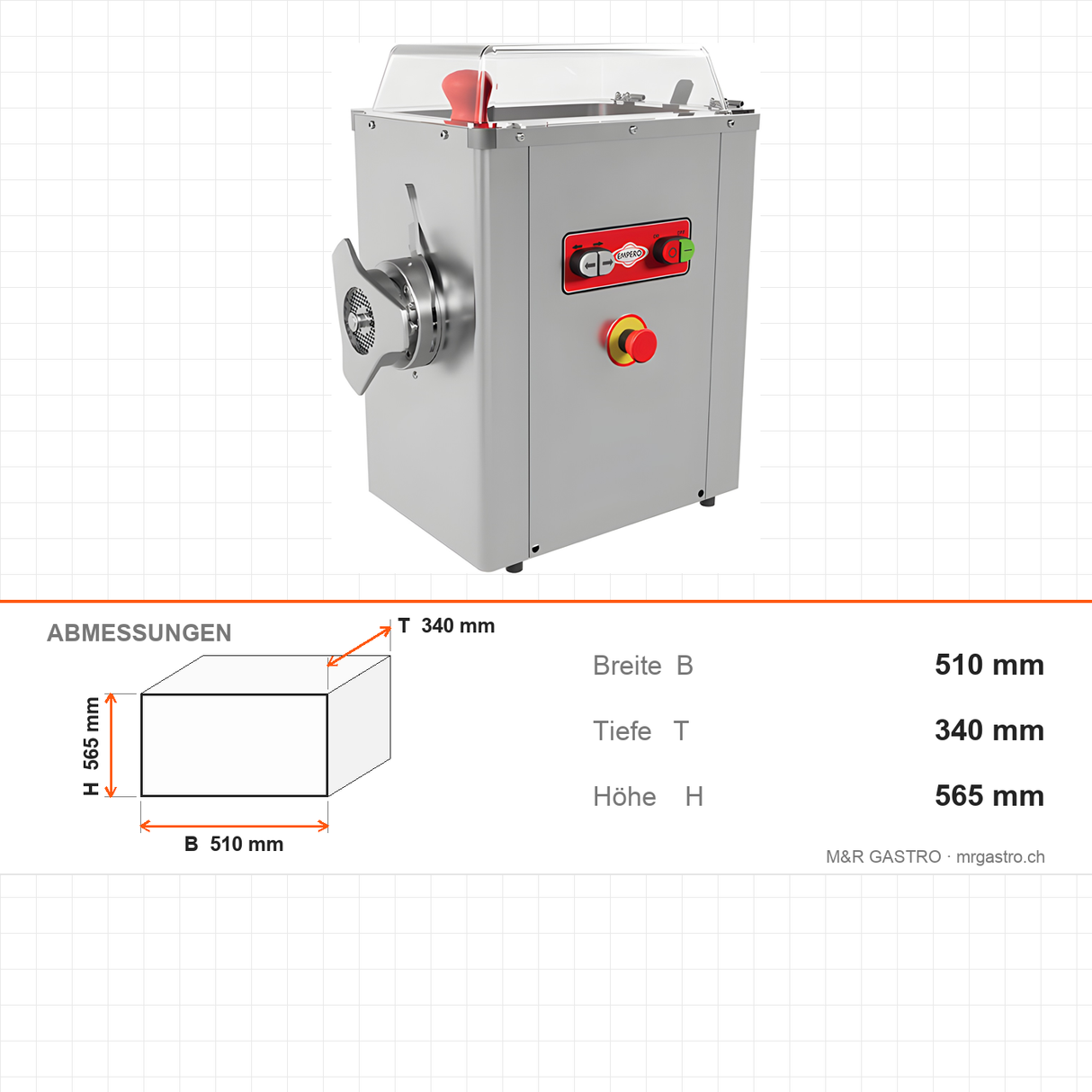 Fleischwolf Edelstahl PLUS, gekühlt, 400 kg/h, 1,5 kW, 230V, Not-Aus, Kältemittel R-290, 510×340×565 mm – Abmessungen