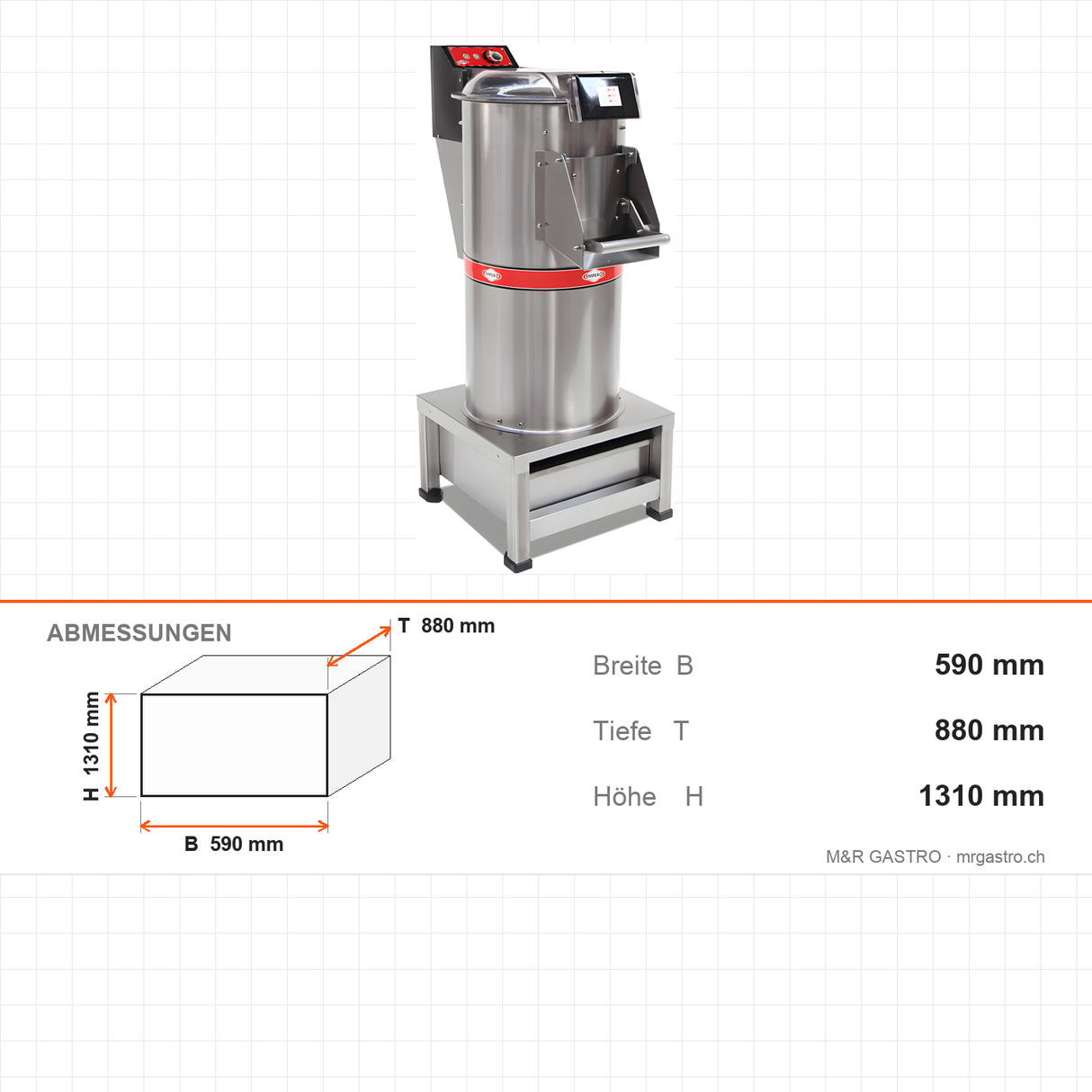 Kartoffelschälmaschine, 20 kg, 0,75 kW, Timer, Edelstahlgehäuse, Magnet-Sicherheitsschalter, 590×880×1310 mm – Abmessungen