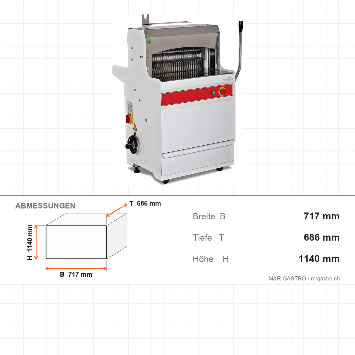 Brotschneidemaschine, Schnittstärke 20 mm, 24 Edelstahlklingen, 0,37 kW, automatische Abschaltung, 717×686×1140 mm – Abmessungen