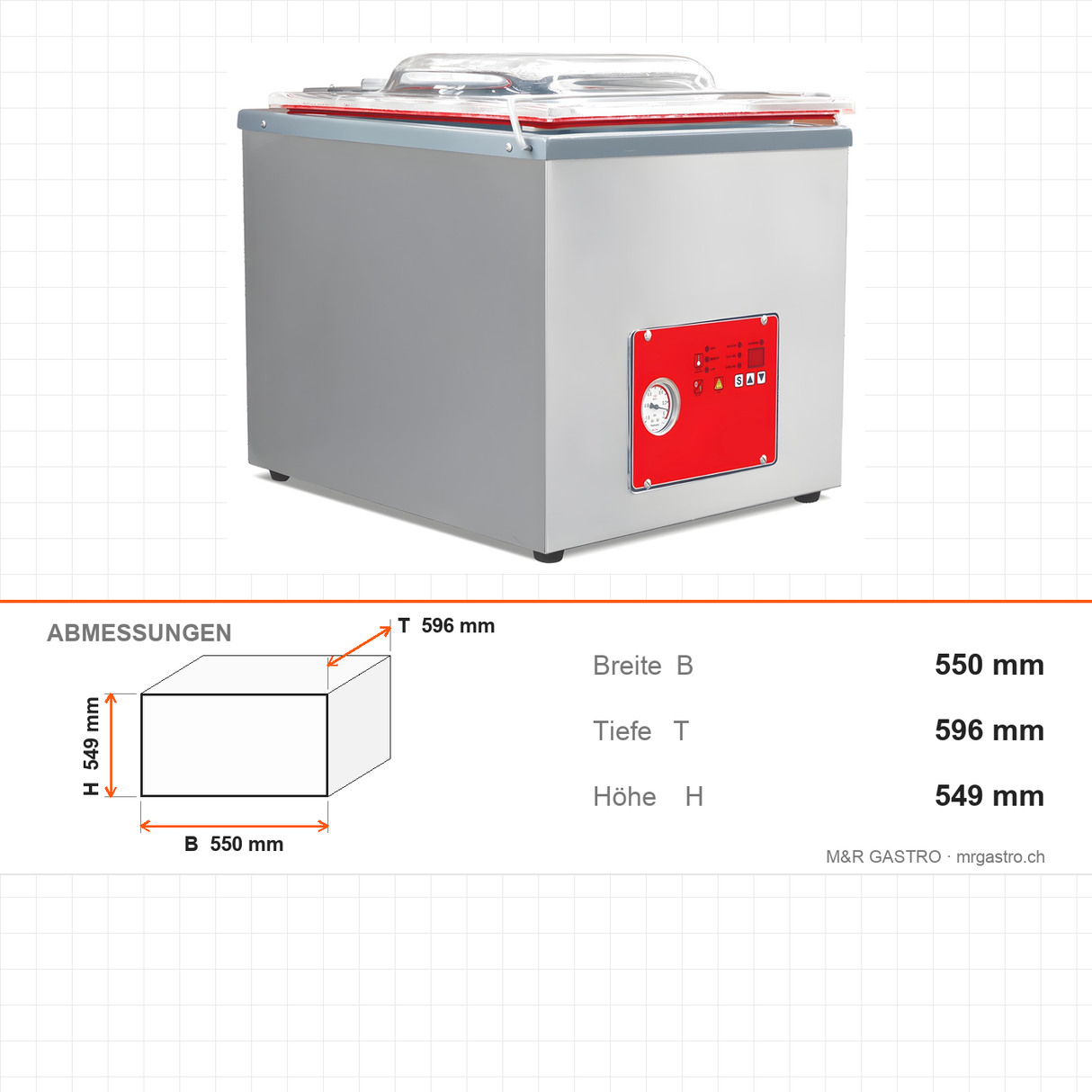 Kammer-Vakuumiergerät, 0,9 kW, Pumpe 20 m³/h, Siegelbalken 430 mm, Edelstahl, 550×596×549 mm – Abmessungen