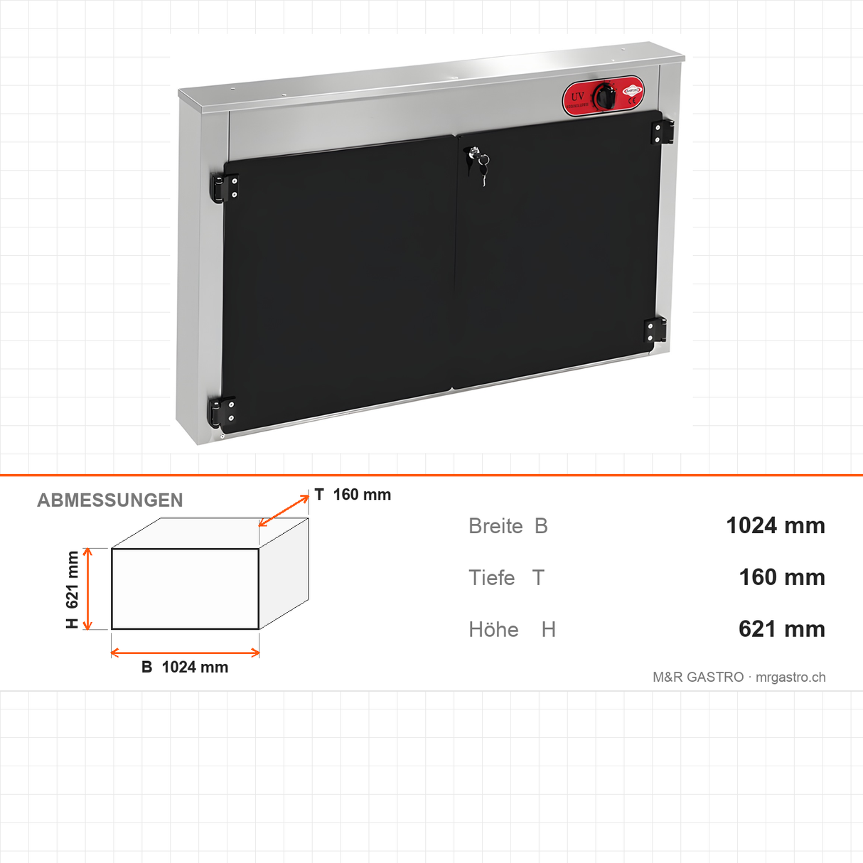 Messersterilisator, 20 Messer, UV-Sterilisation, Timer 0-120 min, 0,2 kW, Edelstahl, 1024×160×621 mm – Abmessungen