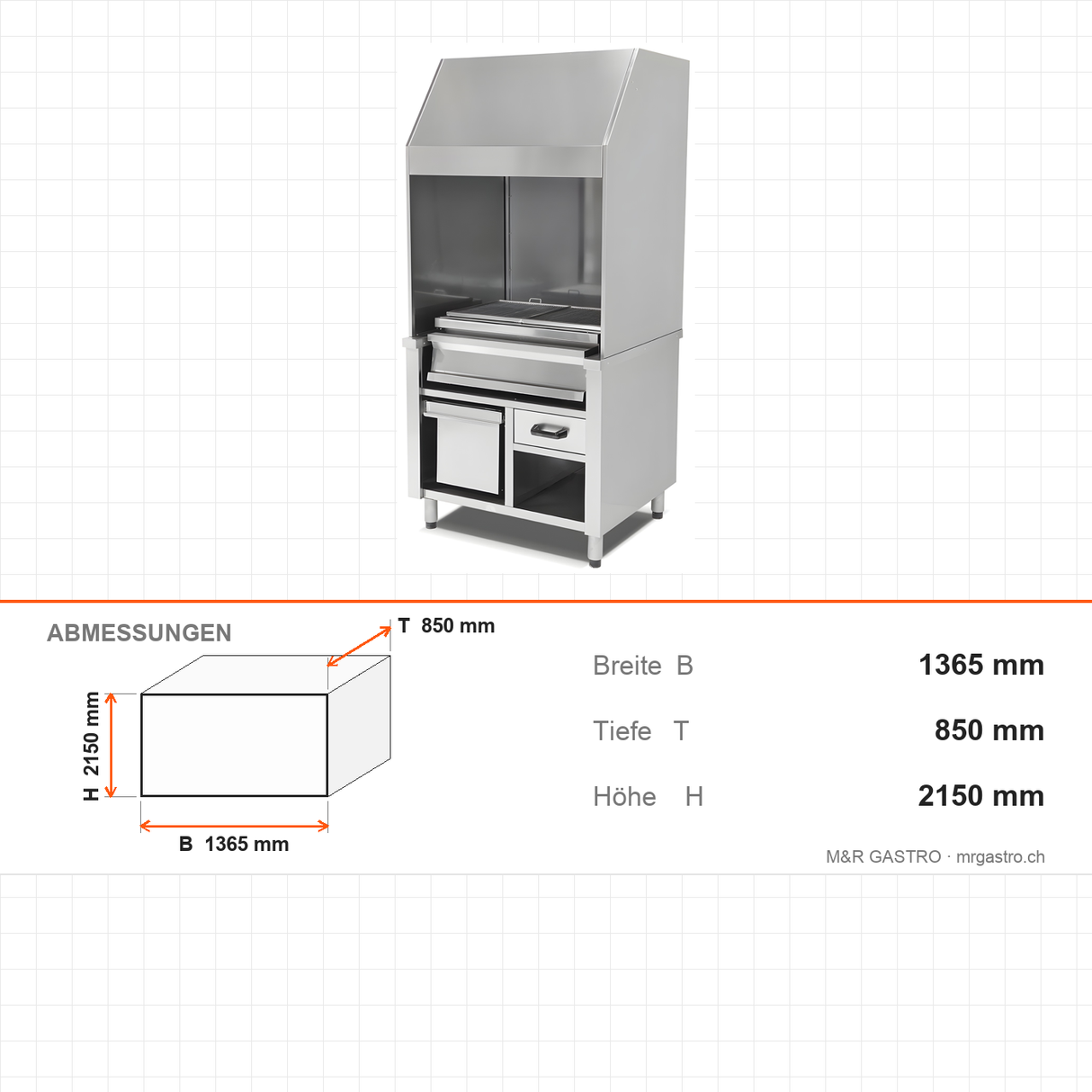 Wandgrill Holzkohle, Edelstahl, 120 cm Grillfläche, Monoblock-Haube, Ascheschublade, 1365×850×2150 mm – Abmessungen