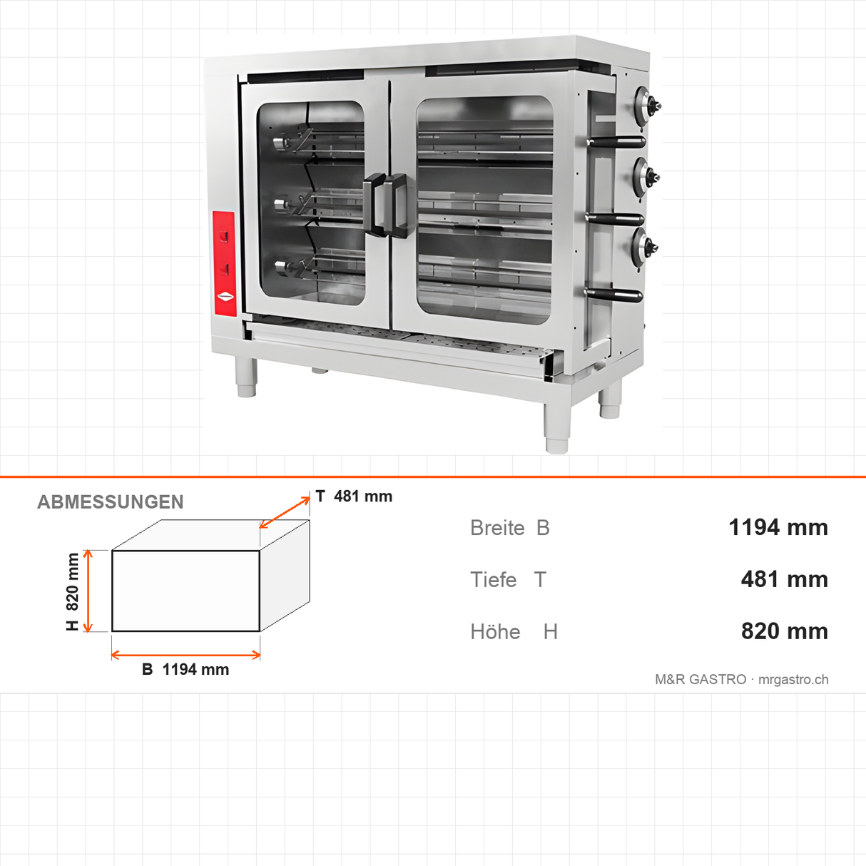 Gas Hähnchengrill, 18 Hähnchen, 19,4 kW, Edelstahl, hitzebeständige Glastüren, separat regelbare Brenner, Erdgas/Flüssiggas, 1194×481×820 mm – Abmessungen