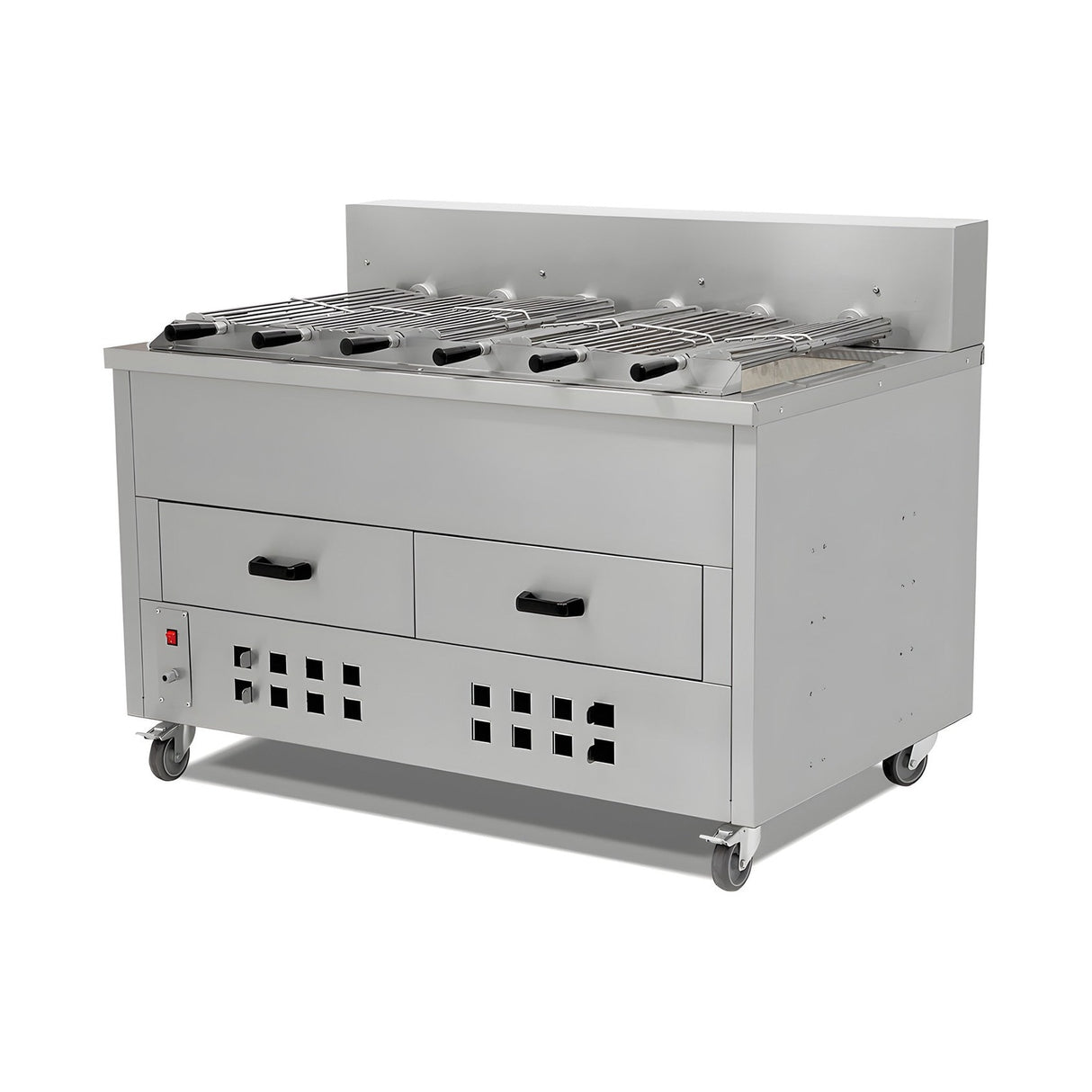 Horizontaler Hähnchengrill, 5 Spieße, Edelstahl, Ascheschublade, fahrbar, Schamottauskleidung, leises Stahlgetriebe, 1200×930×1100 mm – Produktbild