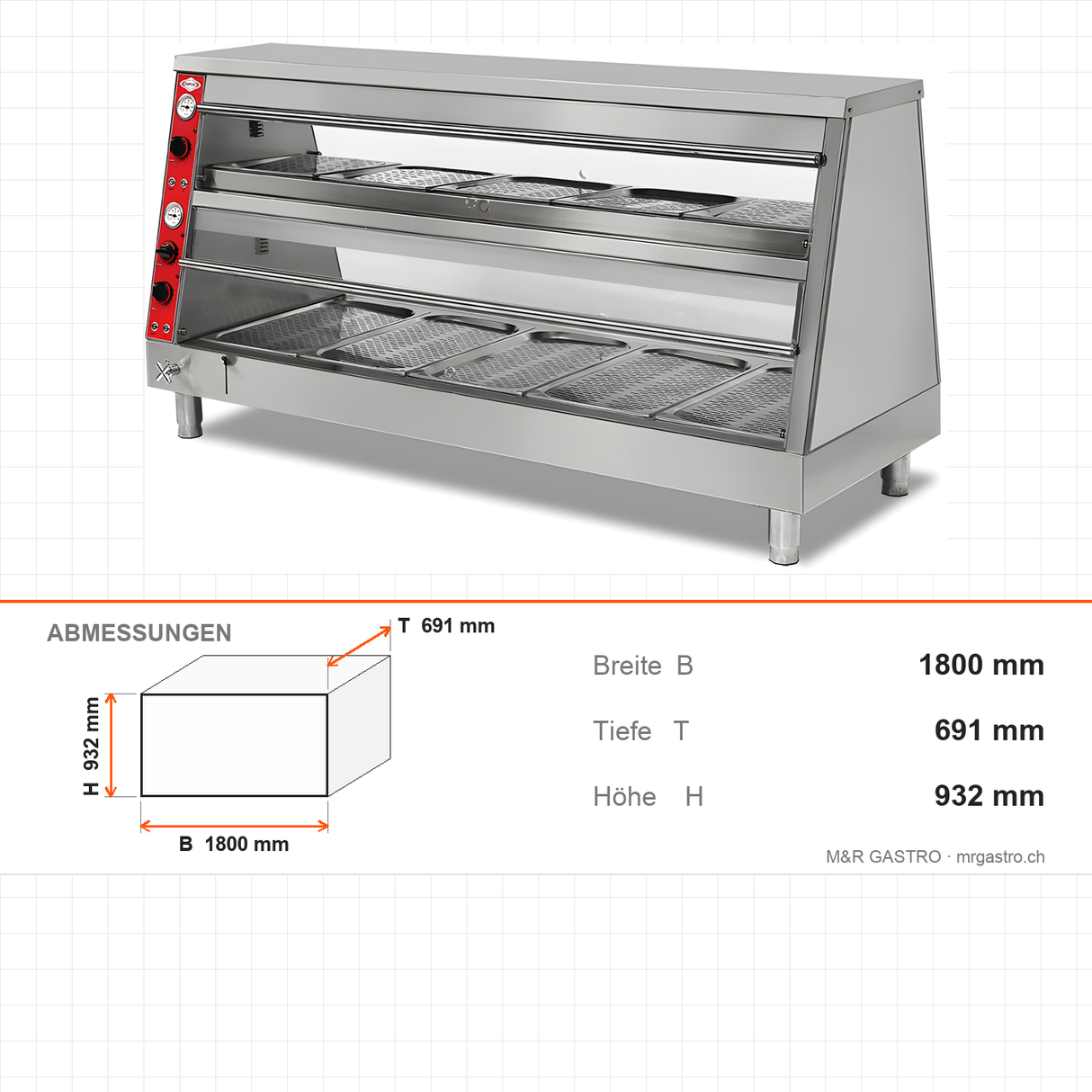 Warmhaltevitrine, 5x GN 1/1 unten + 5x GN 2/3 oben, 4,7 kW, LED, Edelstahl, 1800×691×932 mm – Abmessungen