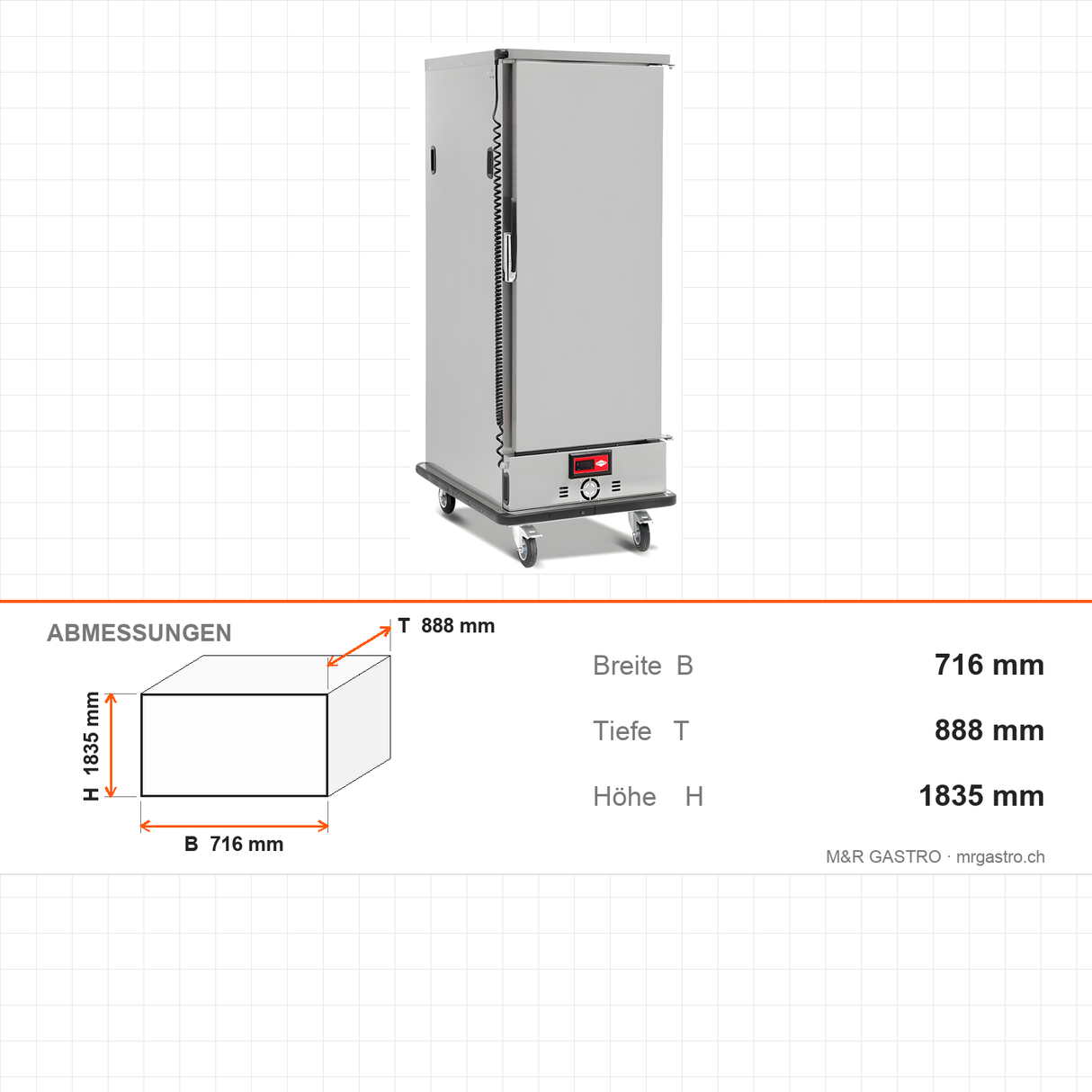 Bankettwagen beheizt, 11x GN 2/1, Digitalthermostat mit Feuchtesystem, 3 kW, Edelstahl, 716×888×1835 mm – Abmessungen