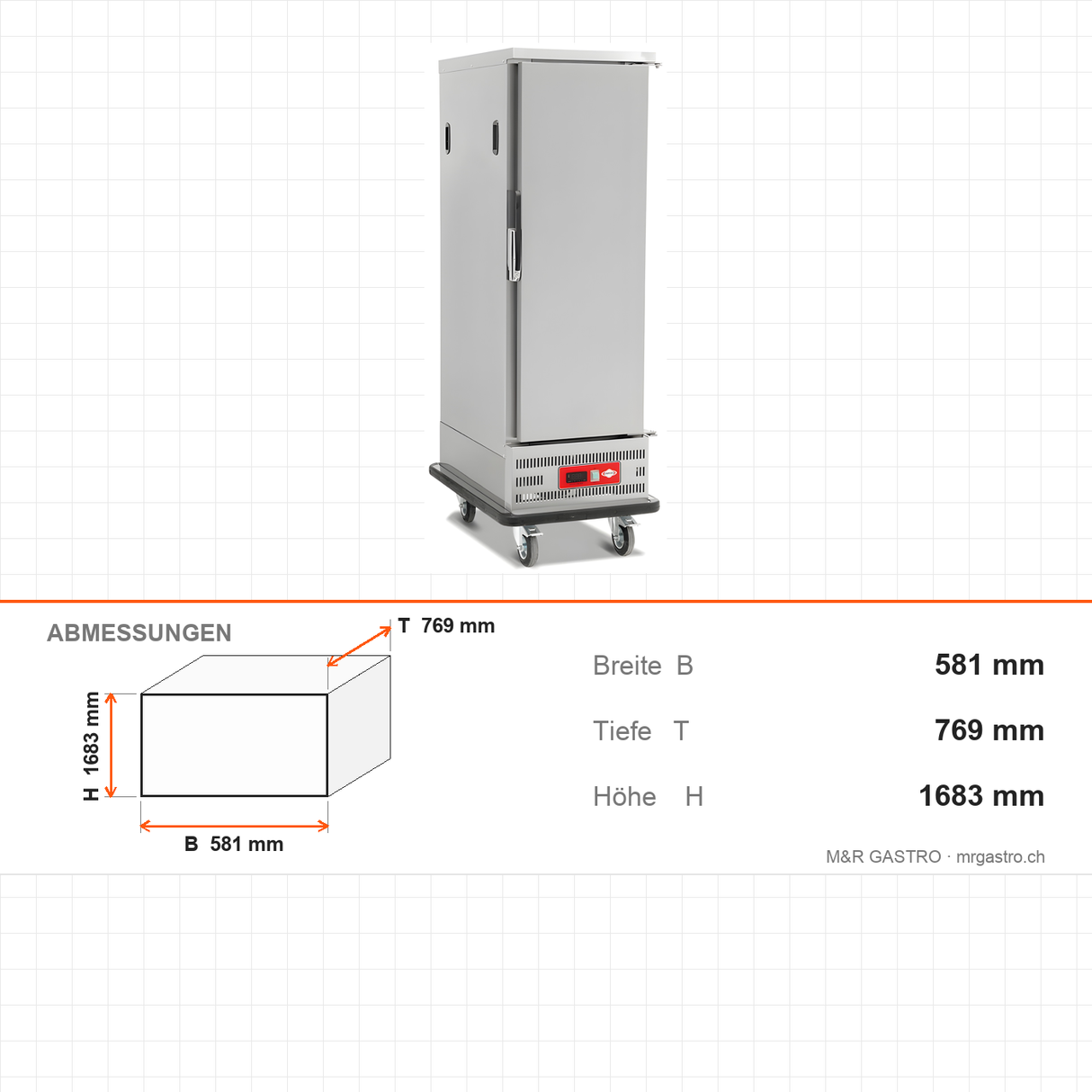 Bankettwagen gekühlt, 15x GN 1/1, Digitalthermostat 0/+5 °C, Edelstahl, 581×769×1683 mm – Abmessungen