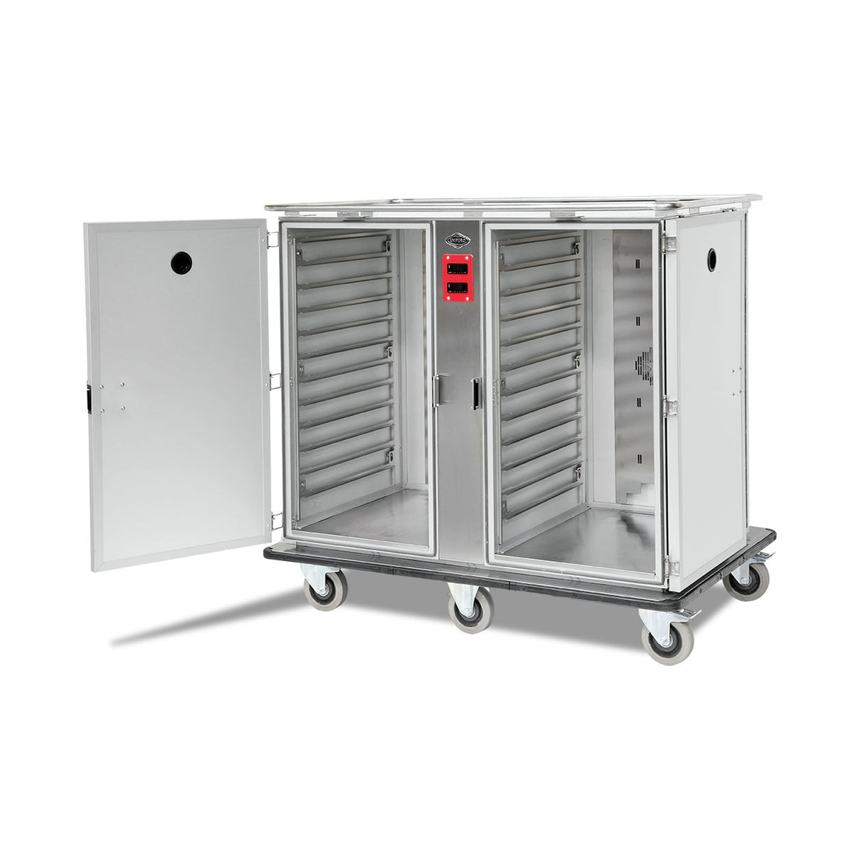 Chariot de banquet chauffant, 24x GN 1/1, thermostat numérique 65/75 °C, 3.8 kW, aluminium, 1115×920×1400 mm, série Plus
