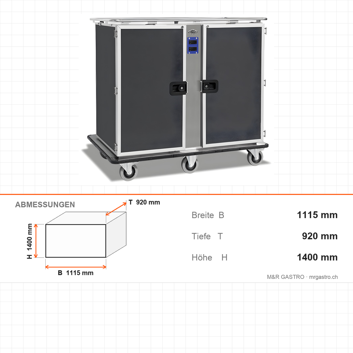 Bankettwagen gekühlt, 24x GN 1/1, Digitalthermostat +4/+10 °C, Aluminium, 1115×920×1400 mm, Serie Plus – Abmessungen