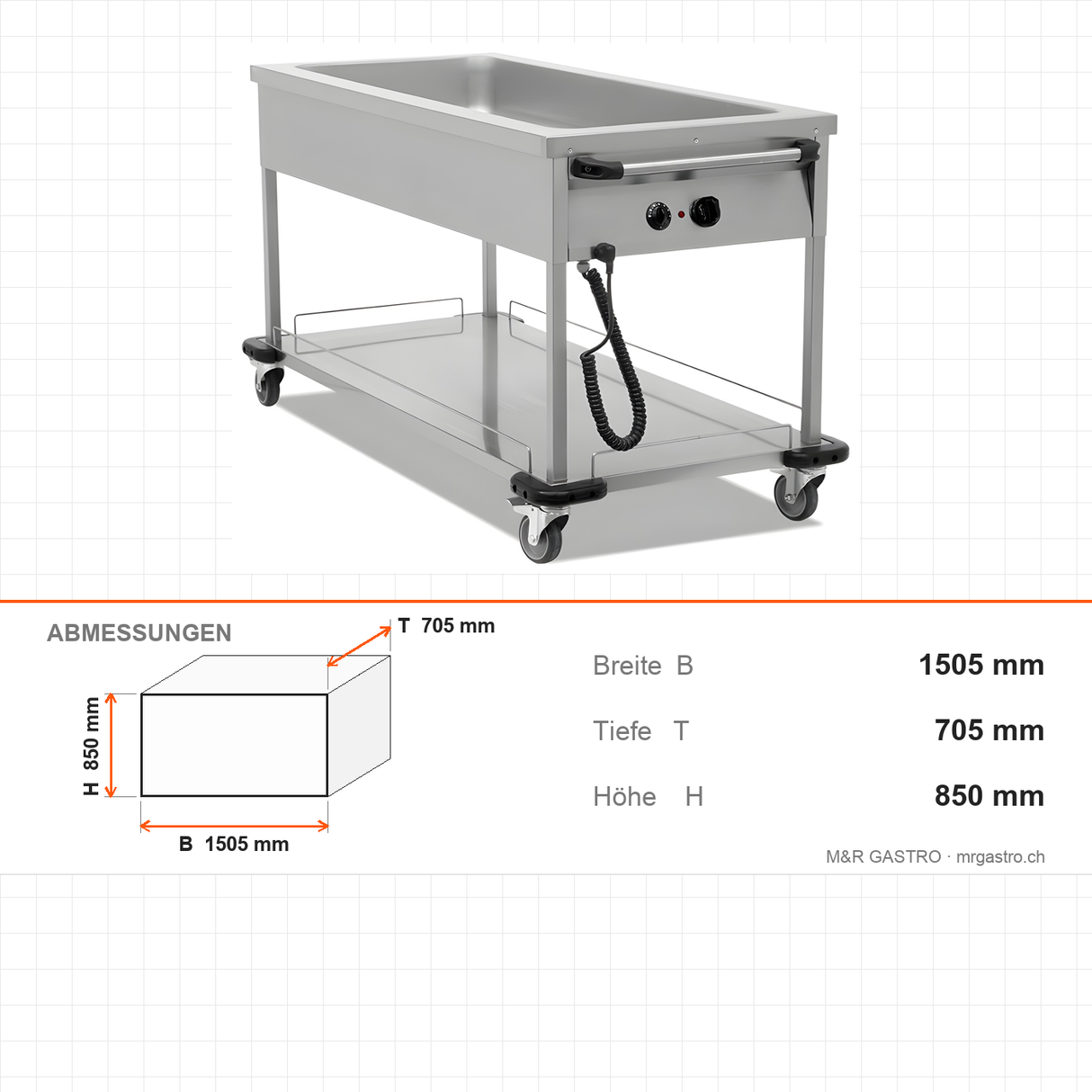 Bain-Marie fahrbar, 4x GN 1/1, 3,5 kW, Thermostat, Edelstahl, 1505×705×850 mm – Abmessungen