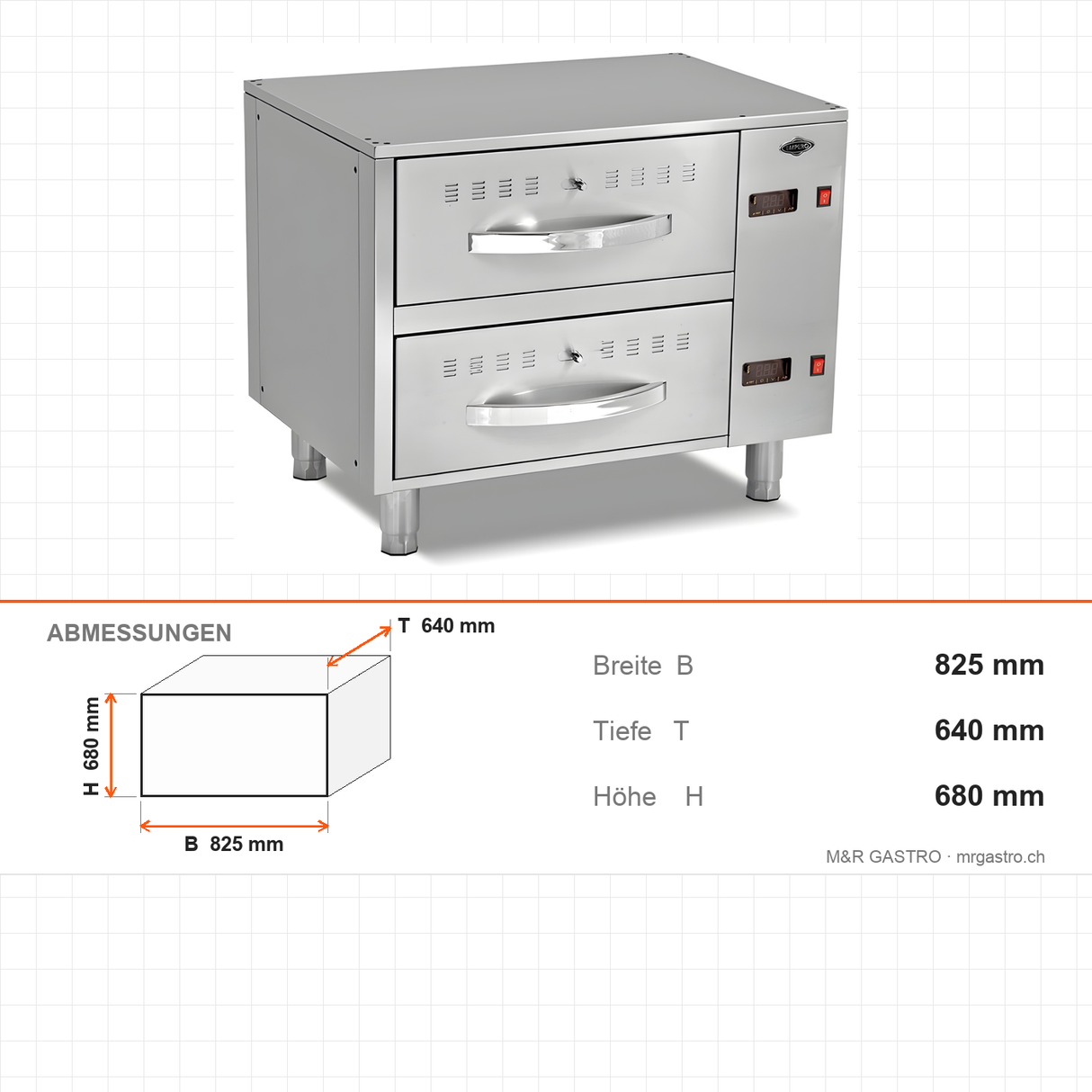 Wärmeschublade, 2 Schubladen, 4 kW, GN 1/1, 825×640×680 mm – Abmessungen