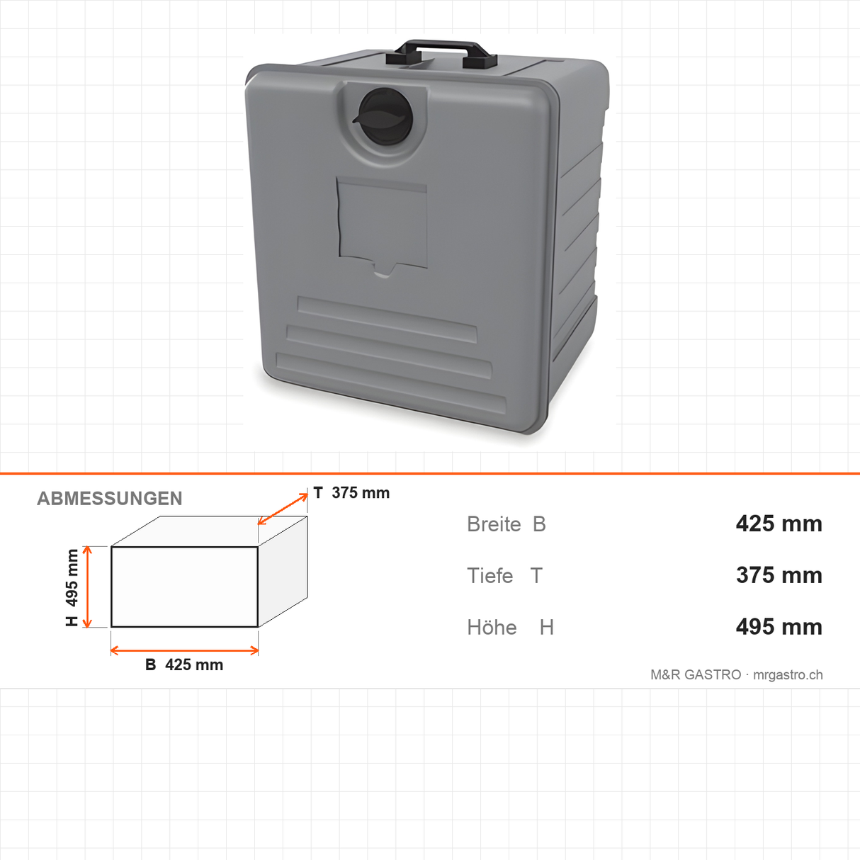 Thermobox GN 1/2, isolierte Tragetasche, 19,5 Liter, 425×375×495 mm, für warmen Transport – Abmessungen