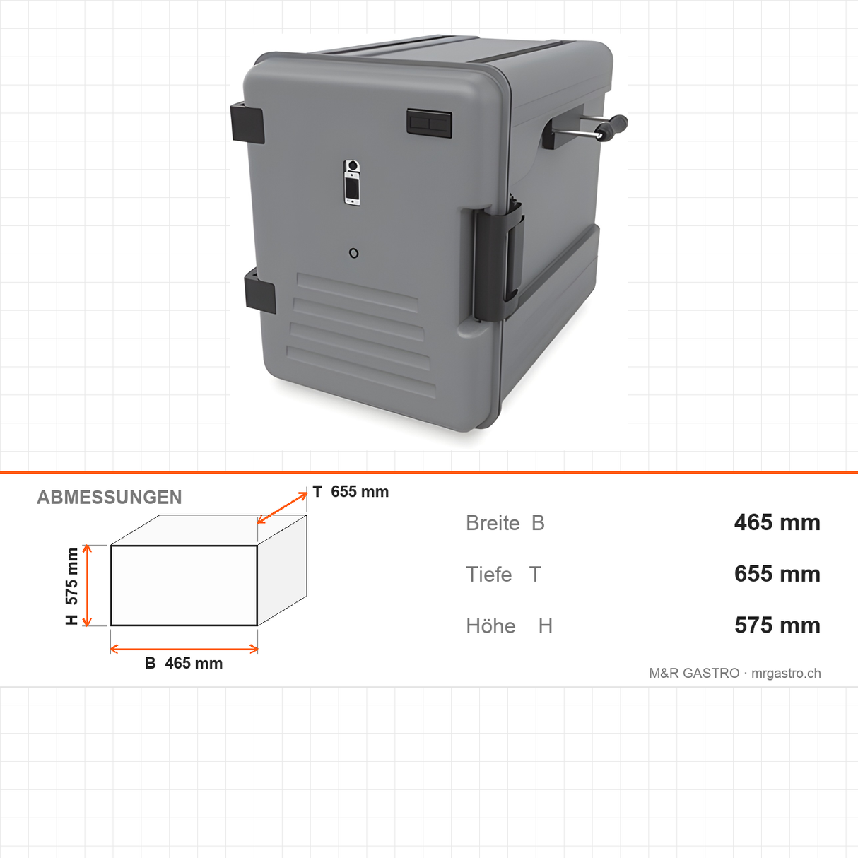Thermobox mit Heizung, beheizte Transportbox, 83 Liter, seitlich angeschlagene Tür, 465×655×575 mm – Abmessungen