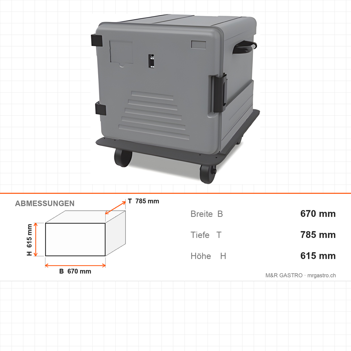 Thermobox mit Heizung, beheizte Transportbox, 180 Liter, für GN 2/1, 670×785×615 mm – Abmessungen