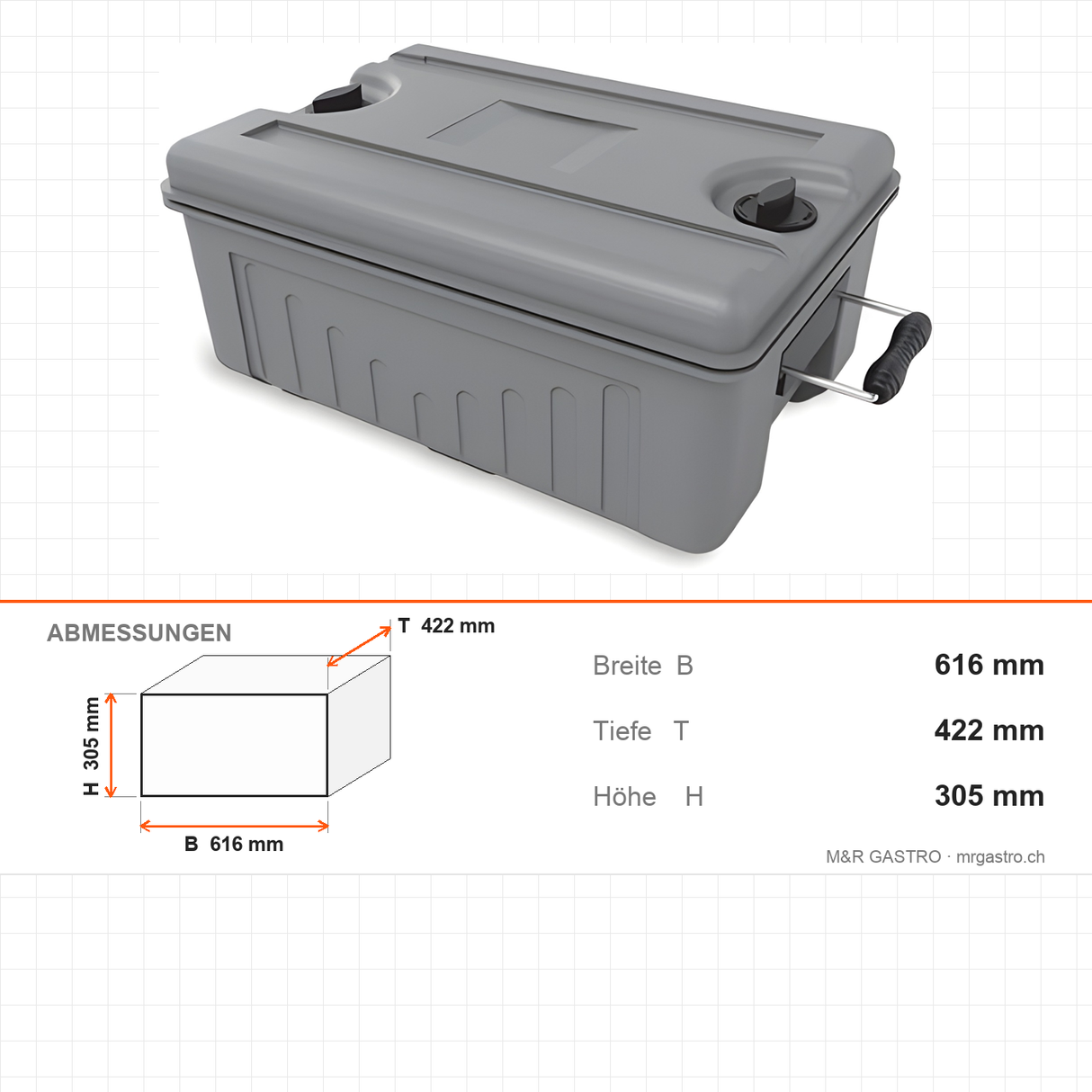 Thermobox, isolierte Transportbox, 26 Liter, für GN 1/1, 616×422×305 mm, für warmen und kalten Transport – Abmessungen