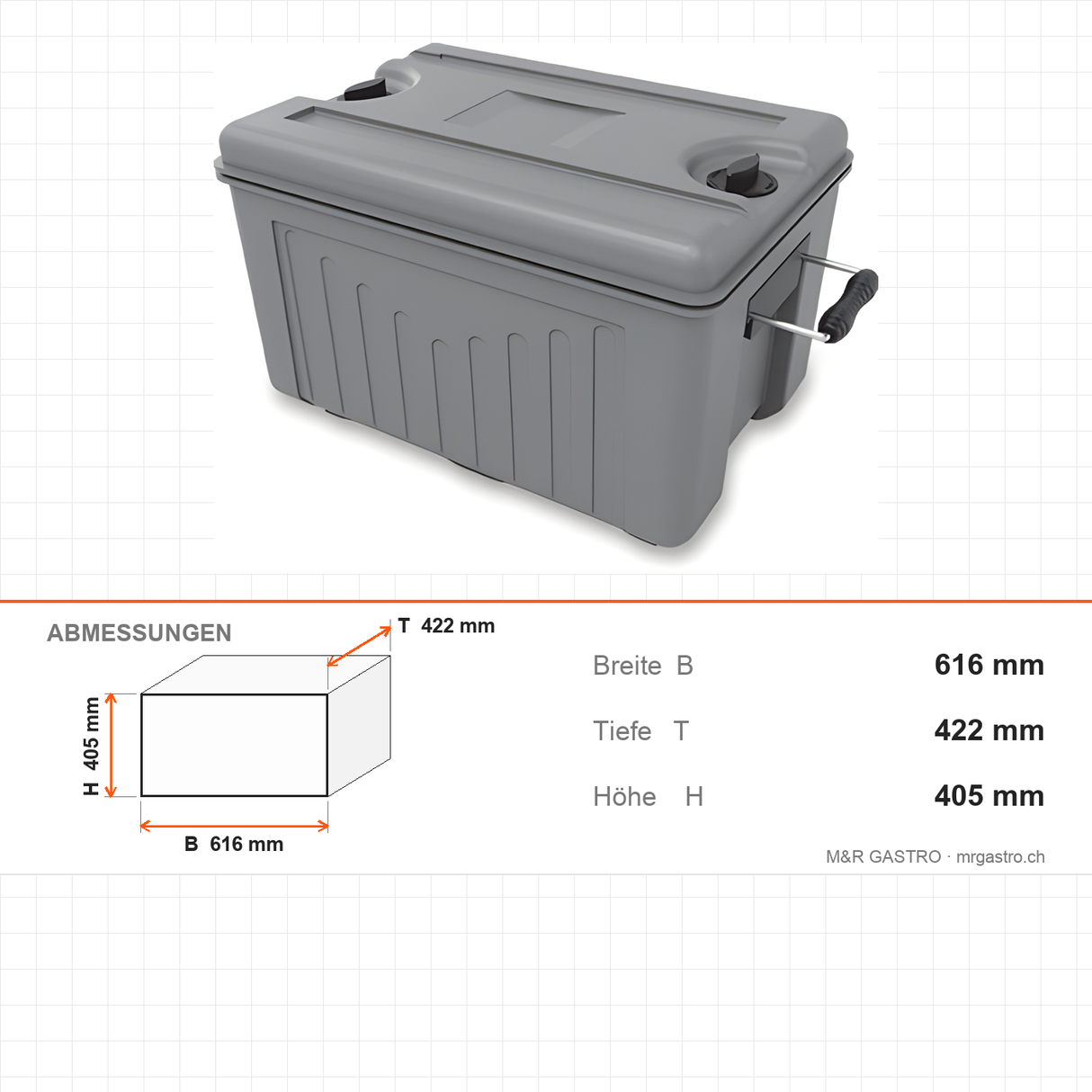 Thermobox, isolierte Transportbox, 48 Liter, für GN 1/1, mit Tragegriff, 616×422×405 mm – Abmessungen