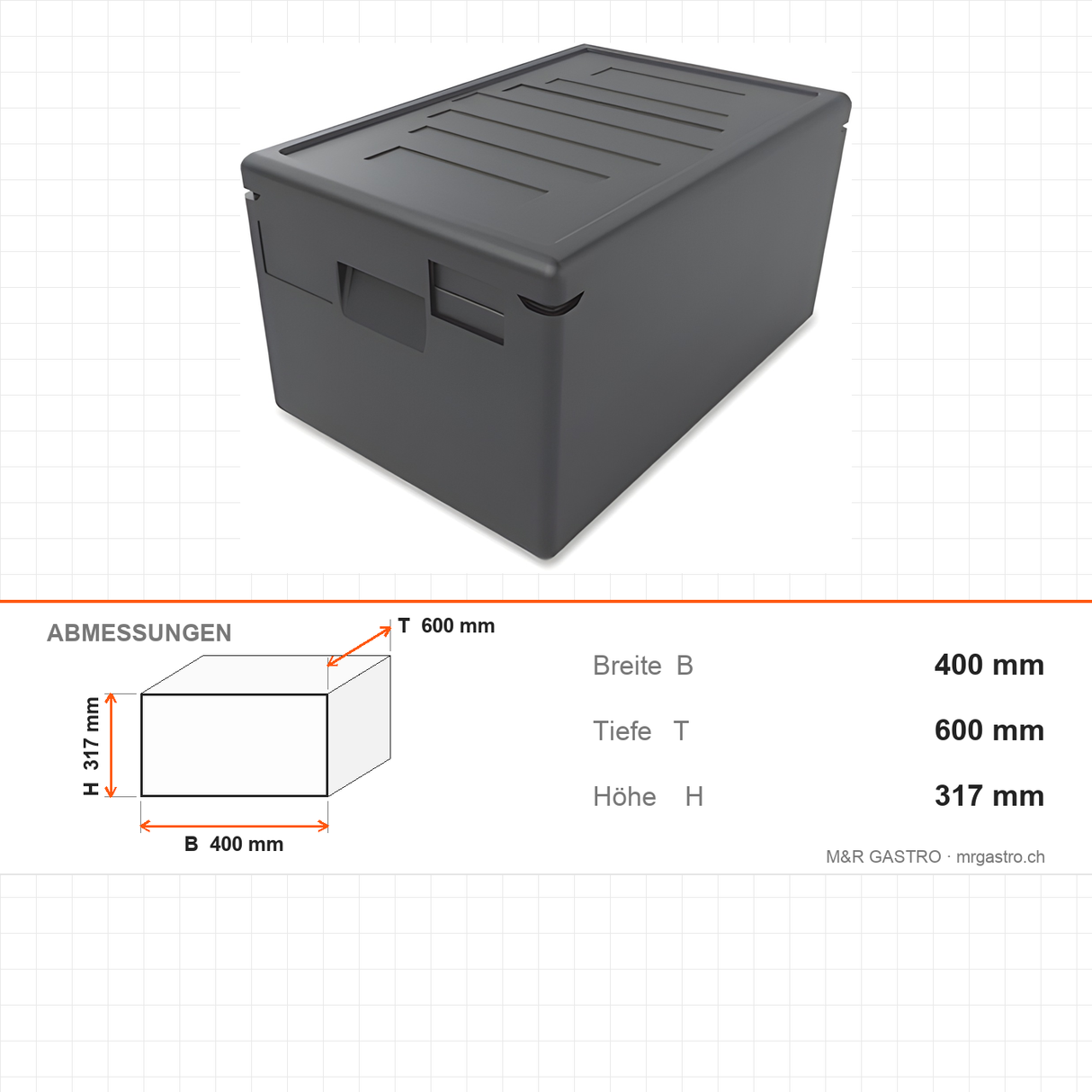 Thermobox aus EPP, isolierte Tragetasche, 46 Liter, für GN 1/1, 400×600×317 mm, für warmen Transport – Abmessungen