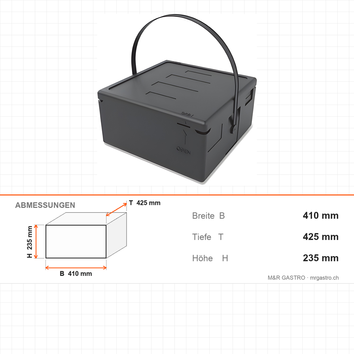 Thermobox für Pizza aus EPP, Transportbox für 4 Pizzen Ø 35 cm, 22 Liter, 410×425×235 mm – Abmessungen