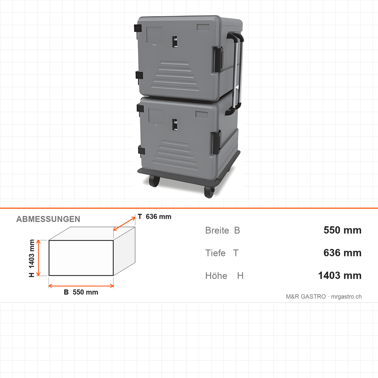 Thermobox mit Heizung, beheizte Transportbox, 2x83 Liter, seitlich angeschlagene Türen, 550×636×1403 mm – Abmessungen