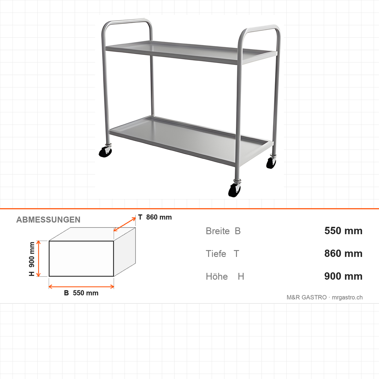 Servierwagen Edelstahl, 2 Etagen, 550×860×900 mm, mit Rollen – Abmessungen