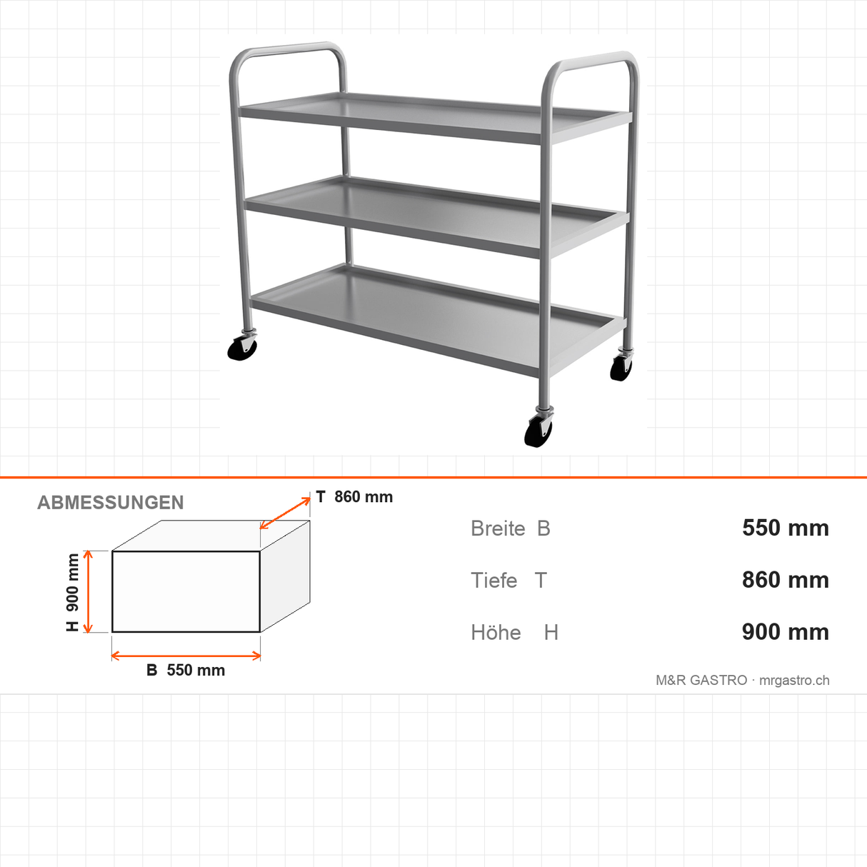 Servierwagen Edelstahl, 3 Etagen, 550×860×900 mm, mit Rollen – Abmessungen