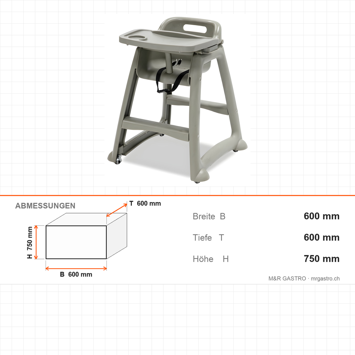 Baby-Hochstuhl, Kunststoff, 600×600×750 mm, 6,5 kg – Abmessungen