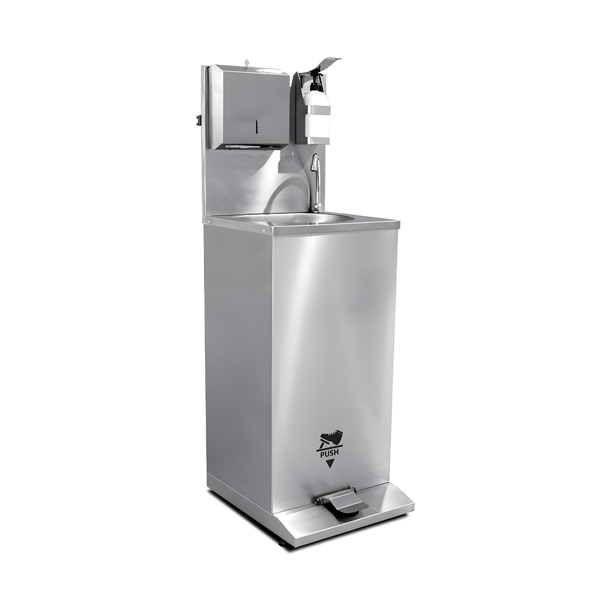 Handwaschstation mobil, Fußbedienung, Edelstahl, 500×655×900 mm – Produktbild