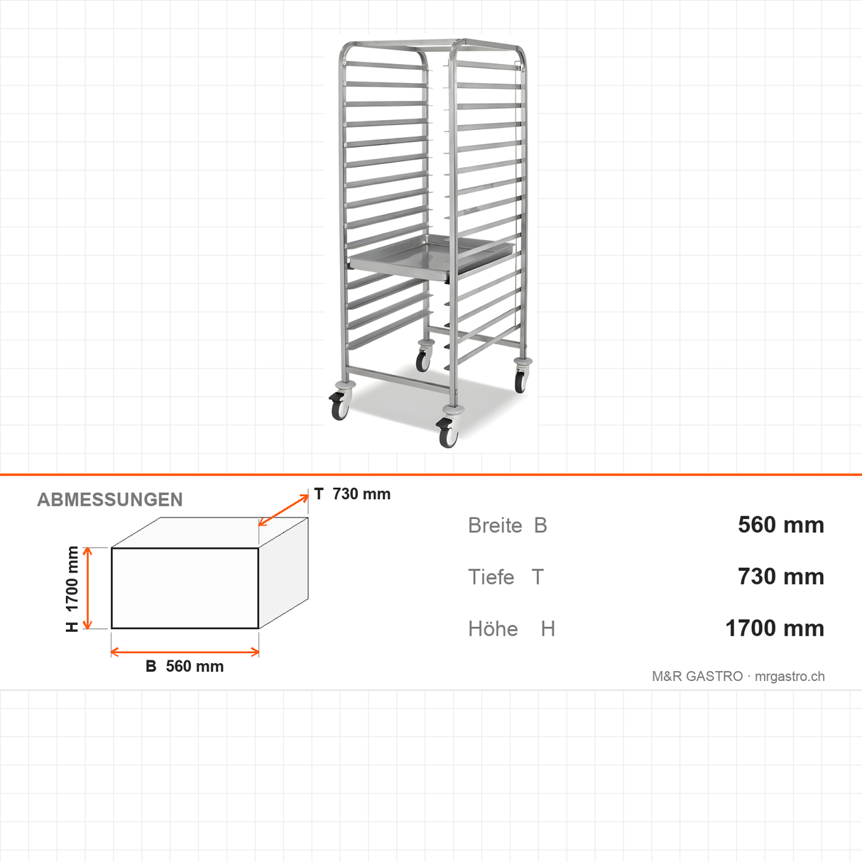 Tablettwagen, für Tabletts 50×70 cm, robust, 560×730×1700 mm – Abmessungen