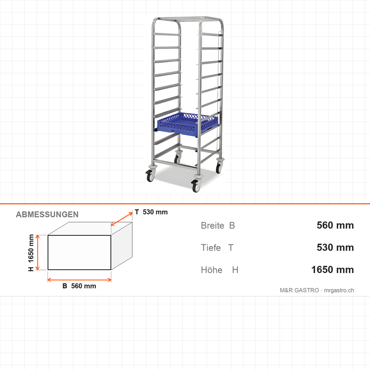 Transportwagen für Körbe, mit Schienen, 10 Körbe, 560×530×1650 mm – Abmessungen