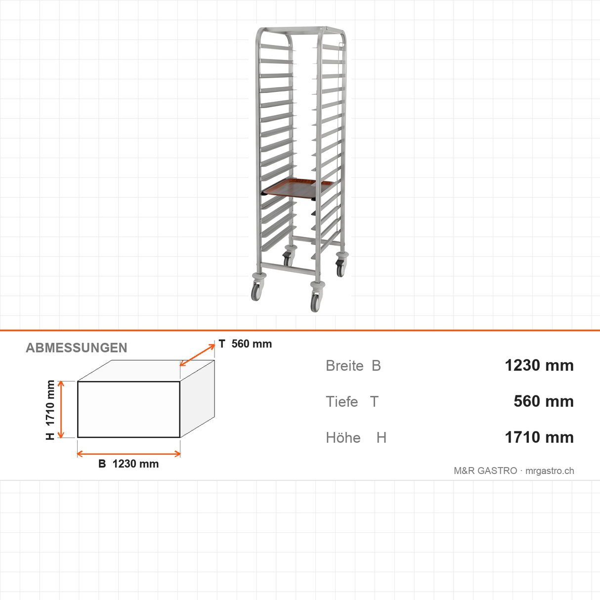Tablettwagen mit Schienen, dreireihig, für 39-45 Tabletts 37×53 cm, 1230×560×1710 mm – Abmessungen