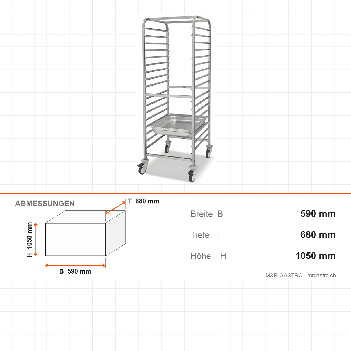 GN-Wagen, Low Single, für 9x GN 2/1, 9 Ebenen, 590×680×1050 mm – Abmessungen