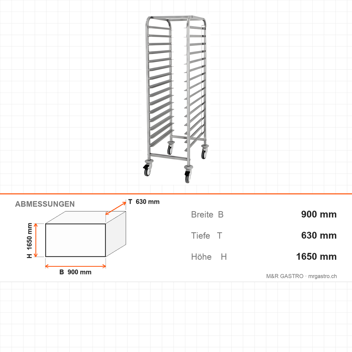 Tablettwagen, für 30 Tabletts 40×60 cm, 900×630×1650 mm – Abmessungen