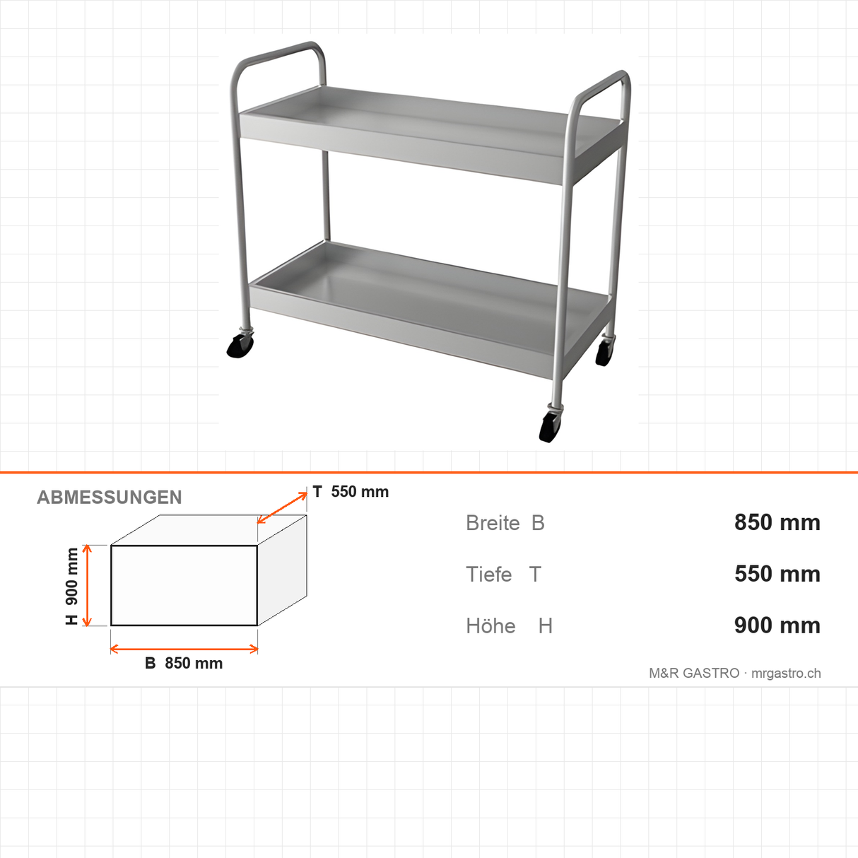 Tablettwagen, Edelstahl, kompakt, 850×550×900 mm – Abmessungen