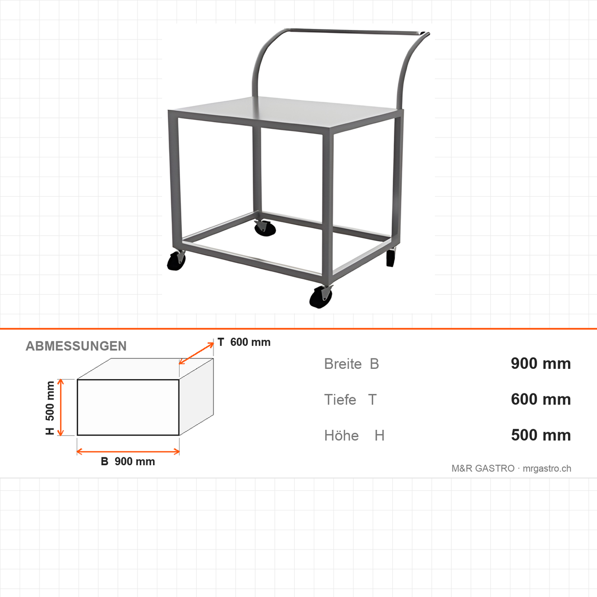 Transportwagen Edelstahl, 900×600×500 mm, mit Rollen, Serie 700 – Abmessungen