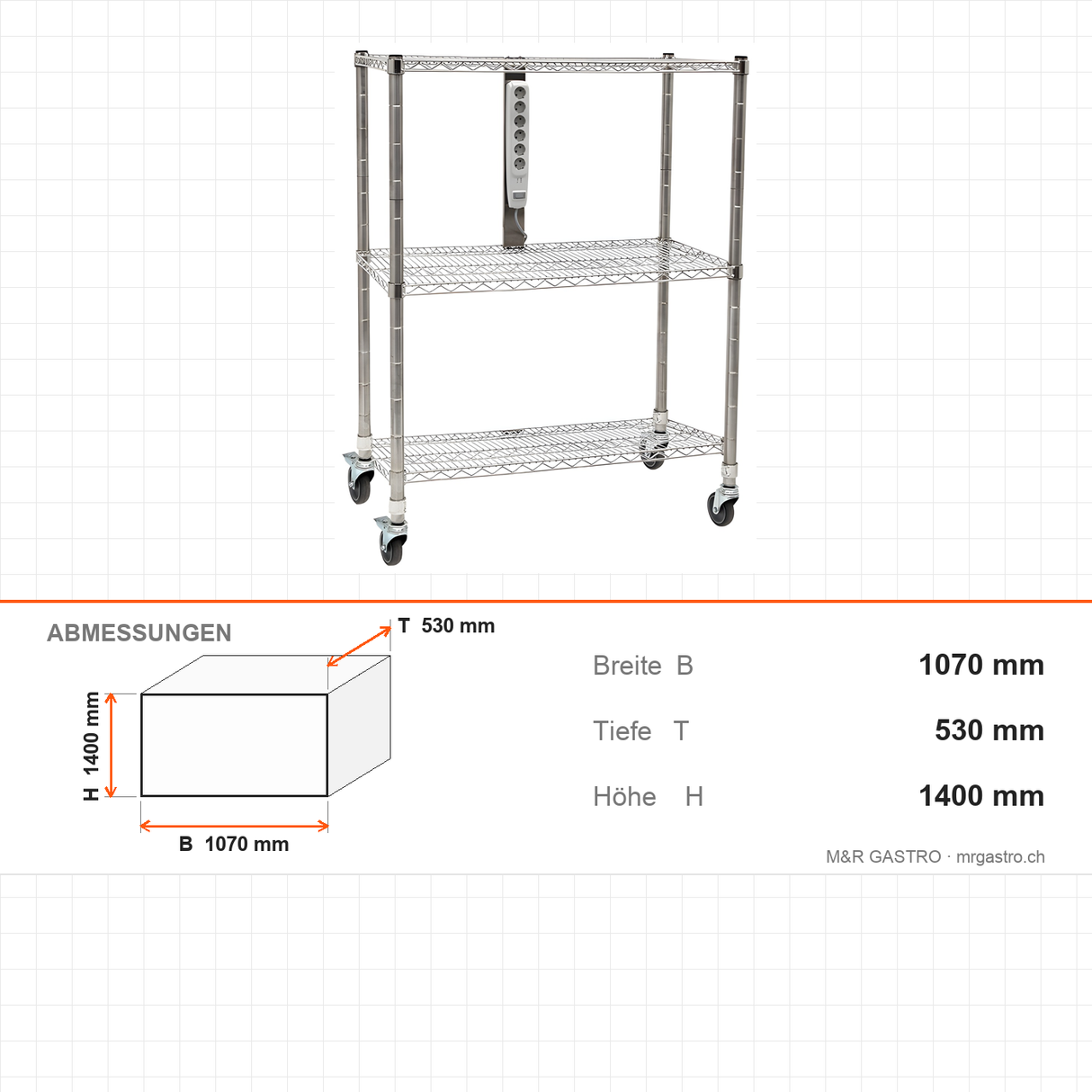 Transportgestell, 0,80 m³ Volumen, 1070×530×1400 mm, mit Rollen – Abmessungen