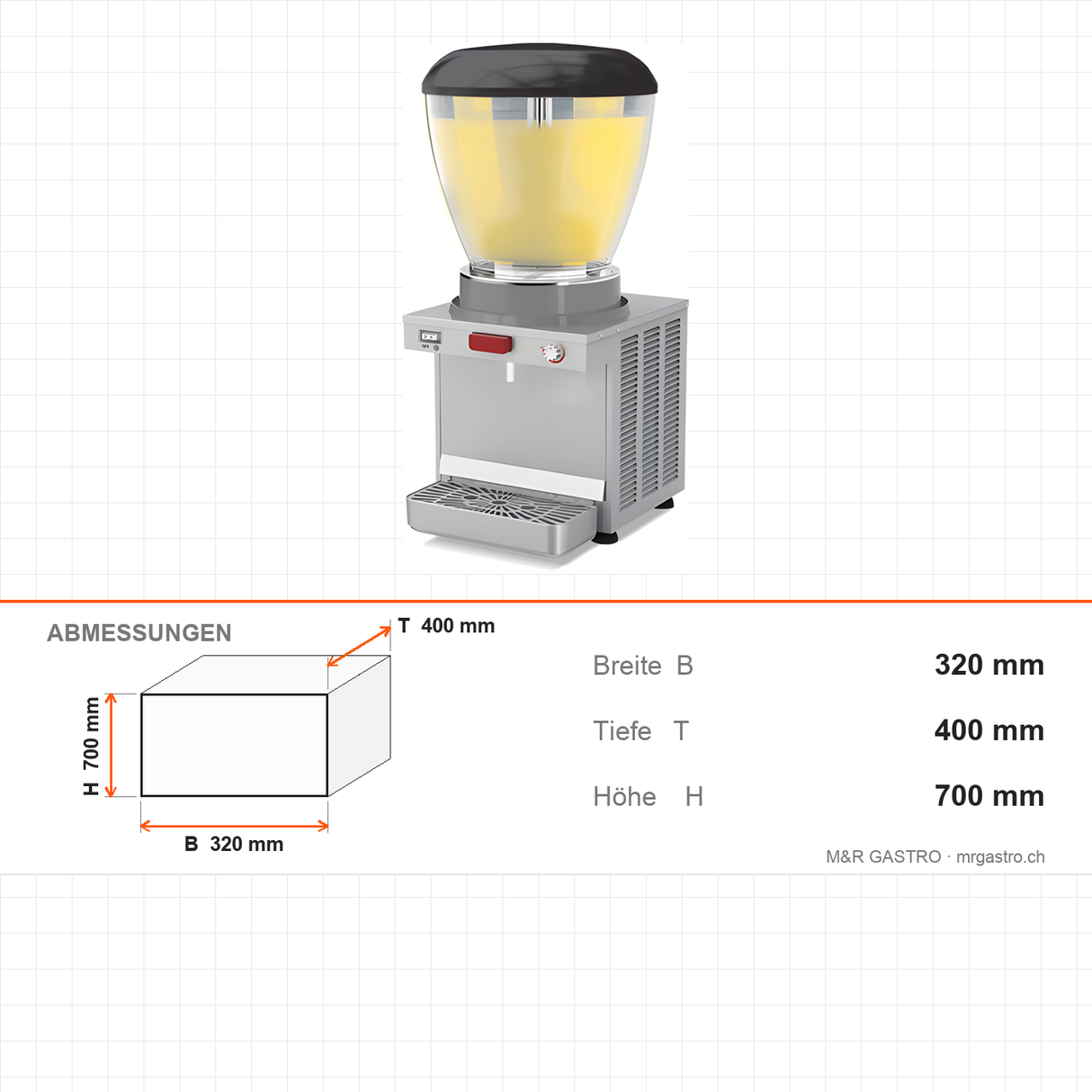 Saftkühler, 19 L, Ayran und Saft, Oberflächenkühlung +3/+10 °C, Einhand-Zapfsystem, 320×400×700 mm – Abmessungen
