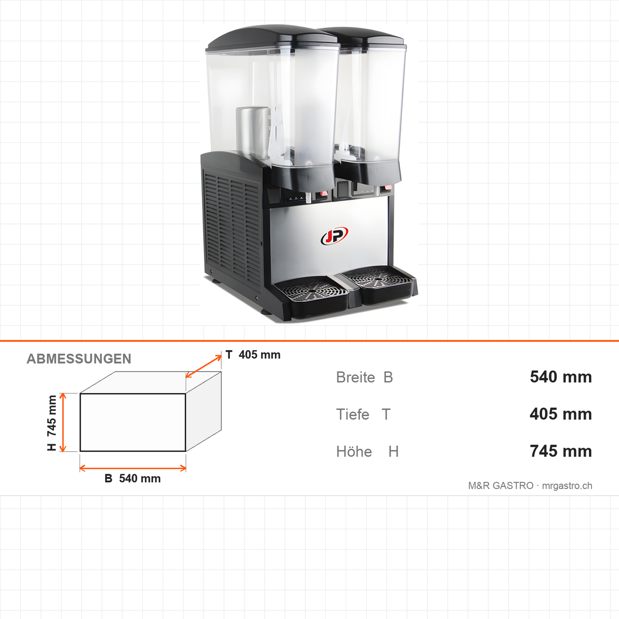 Saftkühler, mit Kühlung 0/+3 °C, Polycarbonat-Kammer, Zapfhahn, 5,7 kW, 540×405×745 mm – Abmessungen