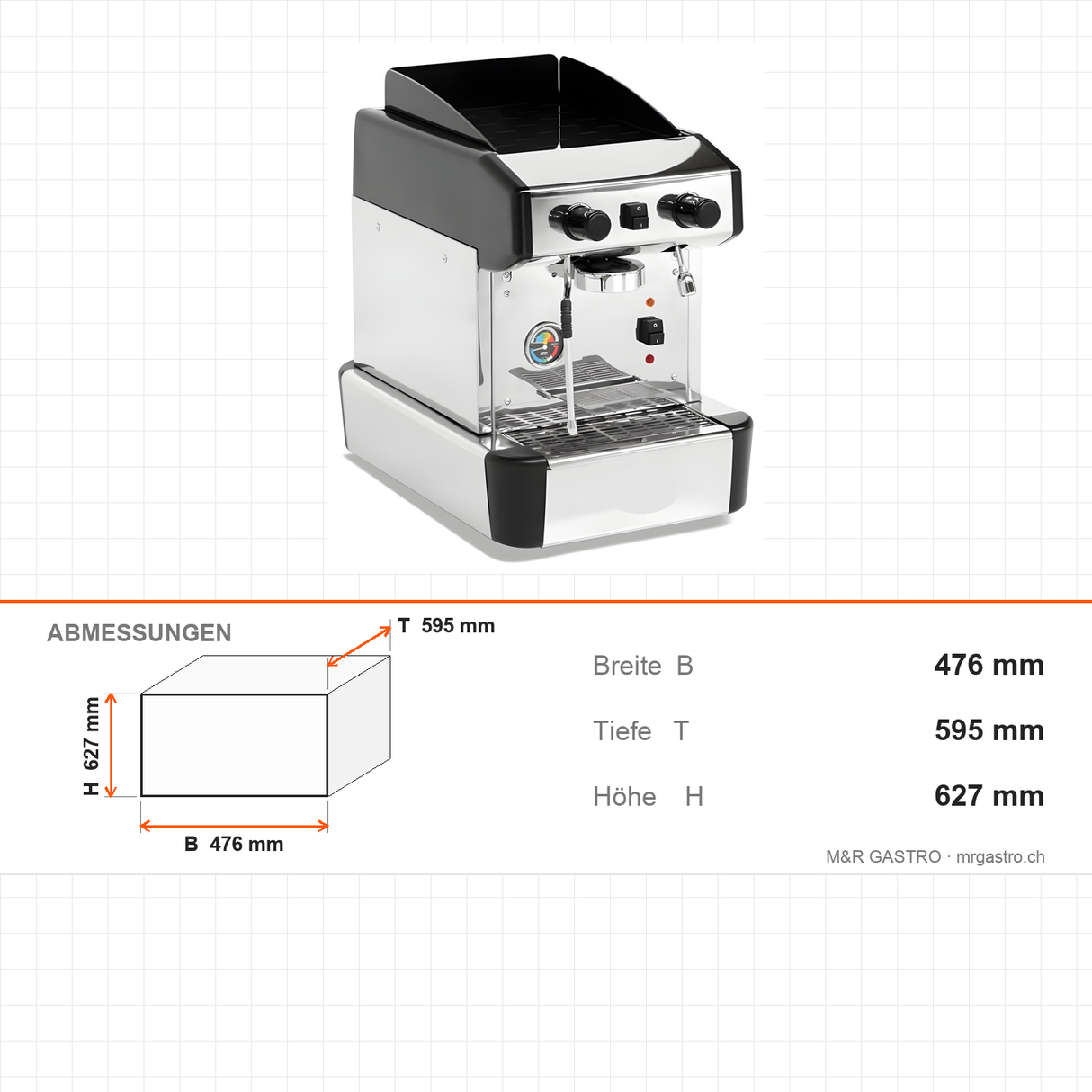 Espressomaschine, 1-gruppig, Doppel-Dampfarm, Extra-Warmwasserarm, 2,5 kW, 476×595×627 mm – Abmessungen