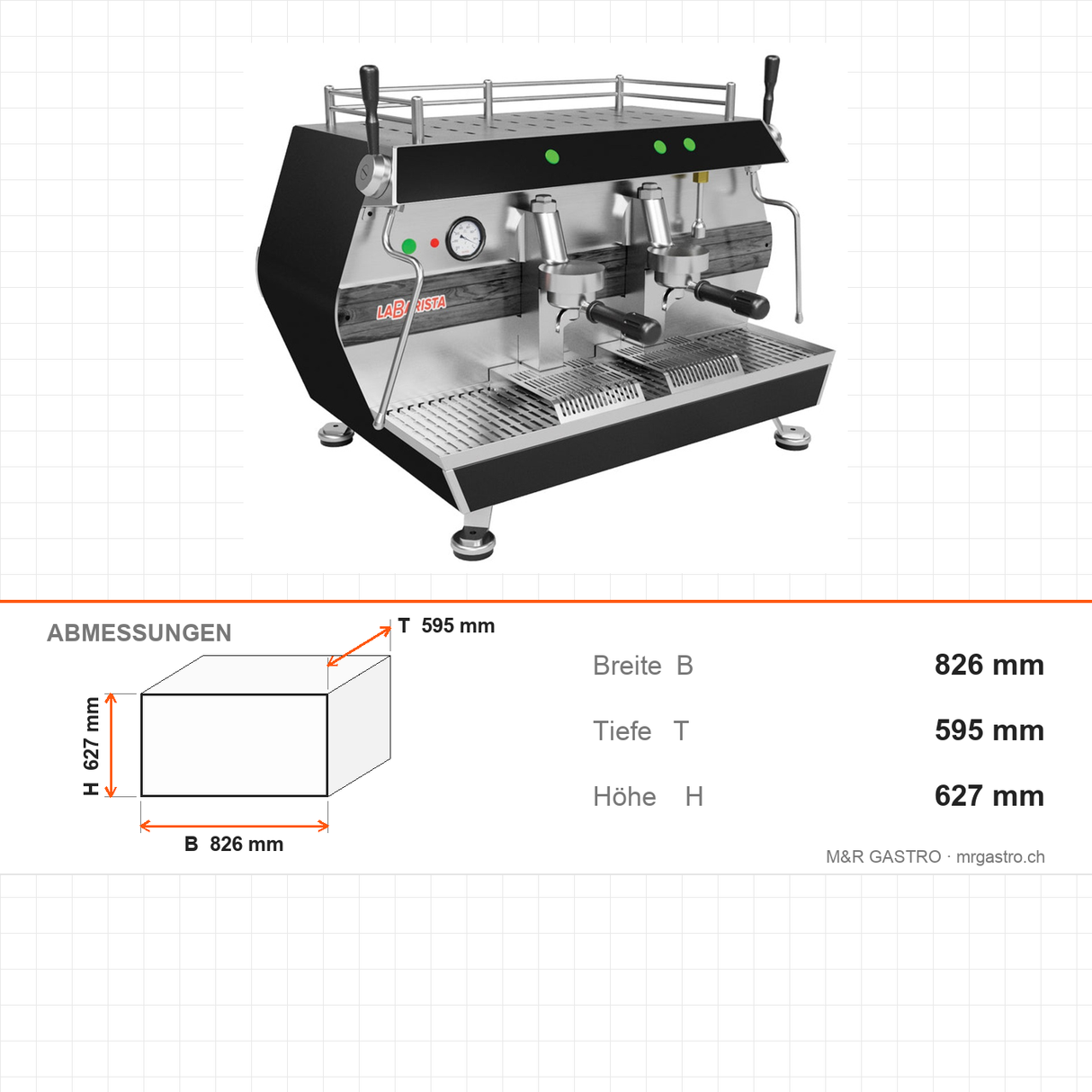 Espressomaschine, 2-gruppig, Doppel-Dampfrohr, Extra-Warmwasserarm, 4,5 kW, 826×595×627 mm – Abmessungen