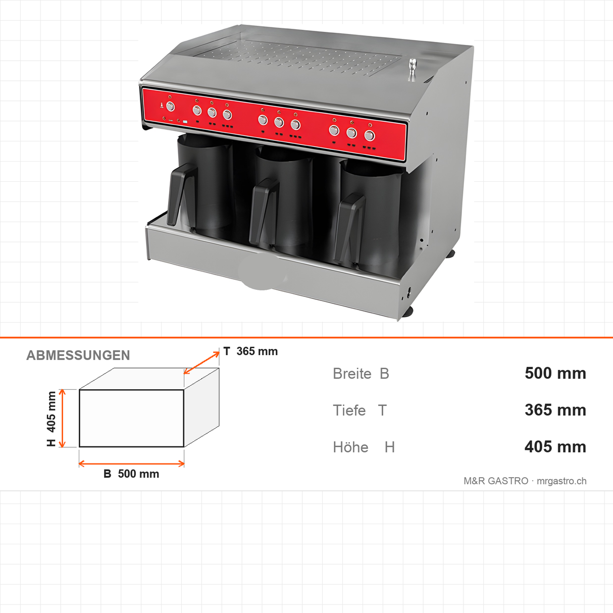 Türkische Kaffeemaschine, 3 Kannen, beheiztes 4-L-Tanksystem, Anti-Überlaufsensor, Trockengehschutz, 1,8 kW, 500×365×405 mm – Abmessungen