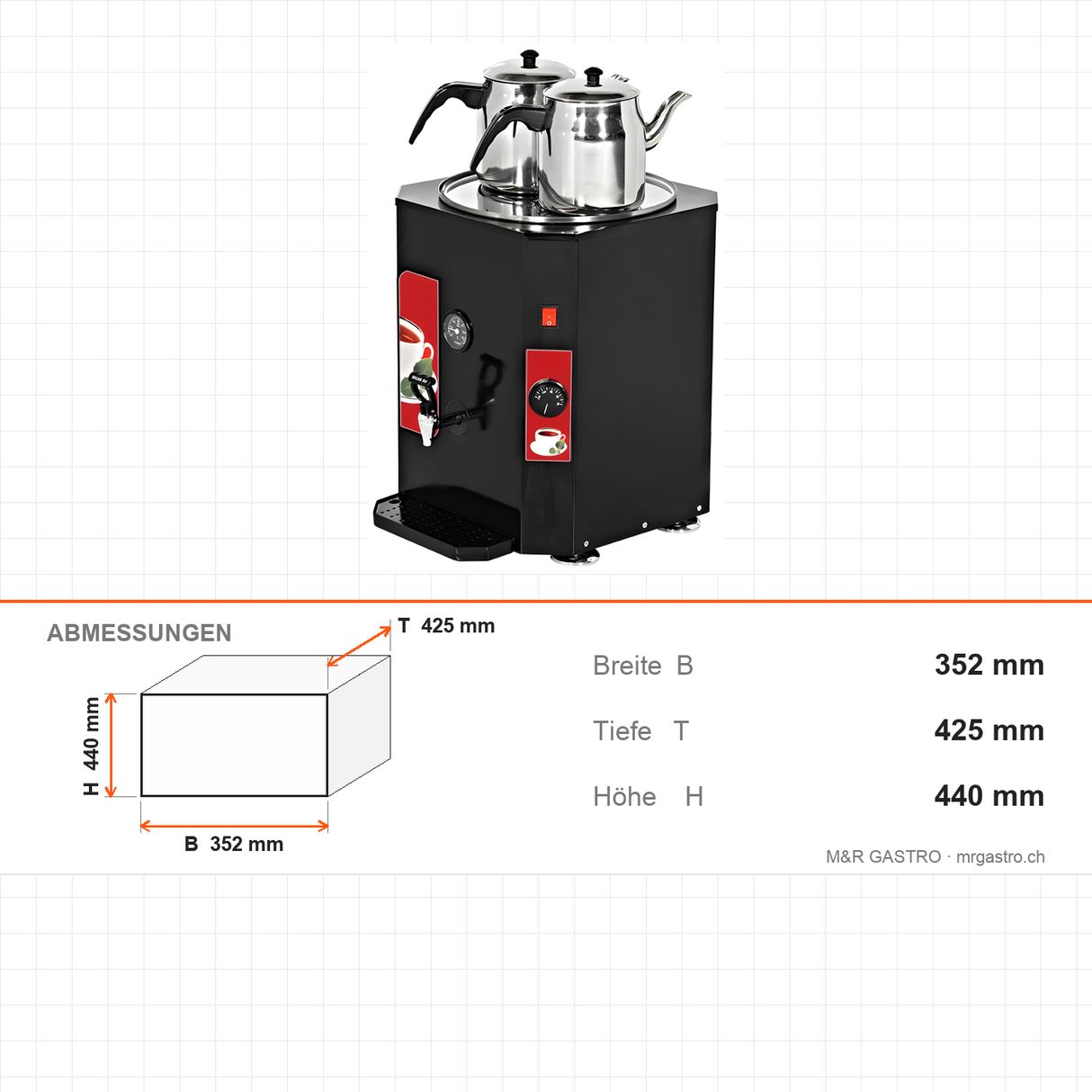 Teeautomat, 23 L, 250 Tassen, Edelstahl-Innenbehälter, Thermostatsteuerung, 2,5 kW, 352×425×440 mm – Abmessungen