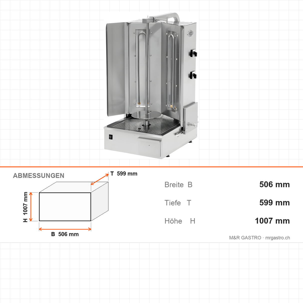 Elektro-Dönergrill, Motor unten, 2 Heizstufen, 5 kW, 506×599×1007 mm – Abmessungen