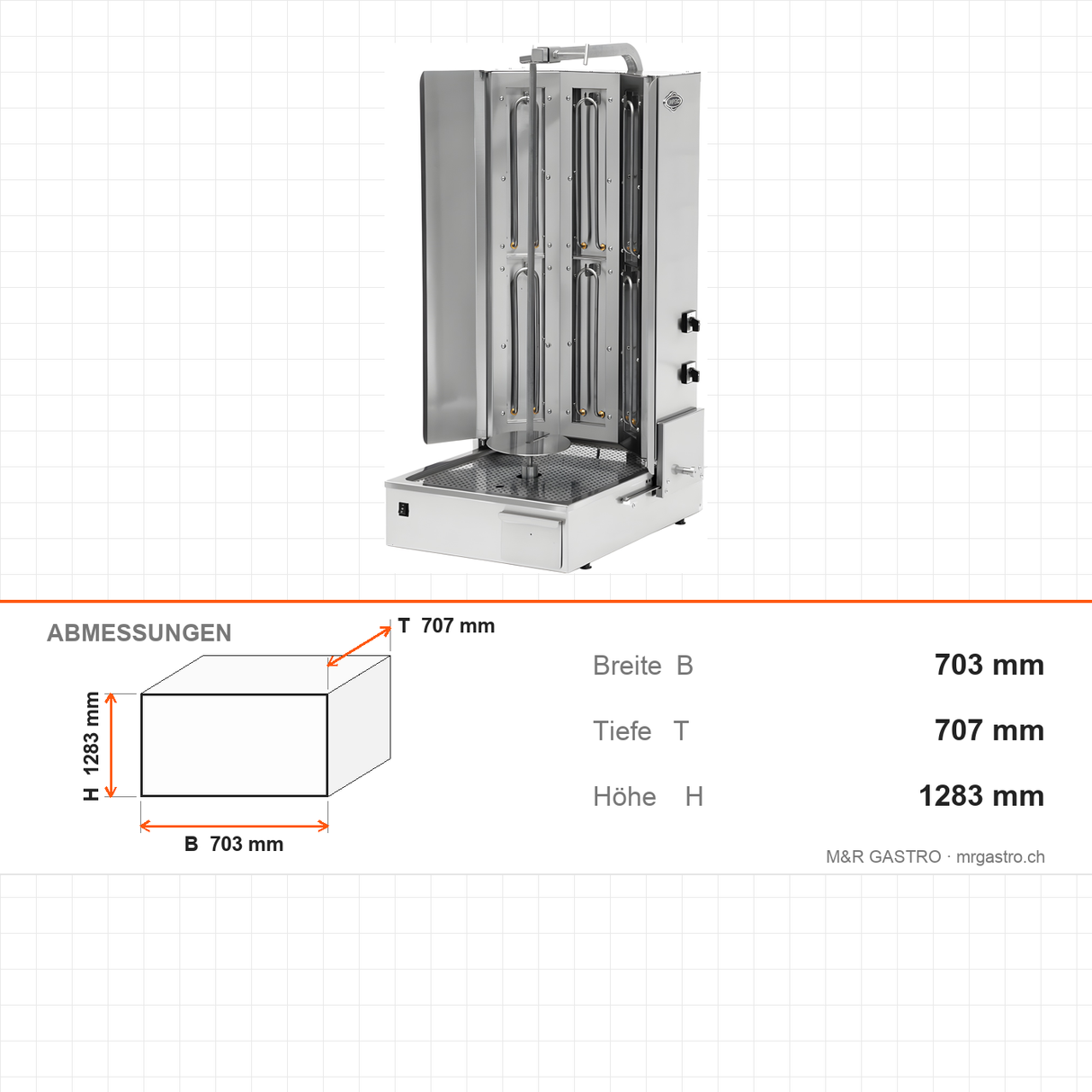 Elektro-Dönergrill, Motor unten, 2 Heizstufen, 9 kW, 703×707×1283 mm – Abmessungen